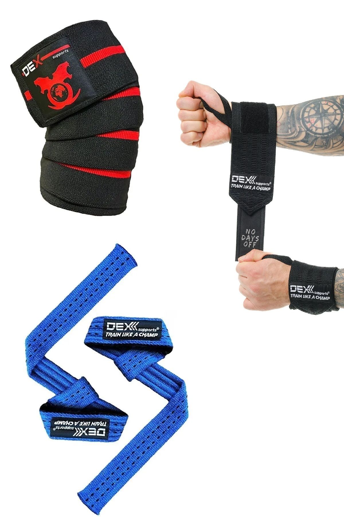 Dex Supports Sporcu Bilekliği Wrist Wraps Legend + Lifting Straps Pro Mavi + Knee Wraps Elite 3'lü Paket