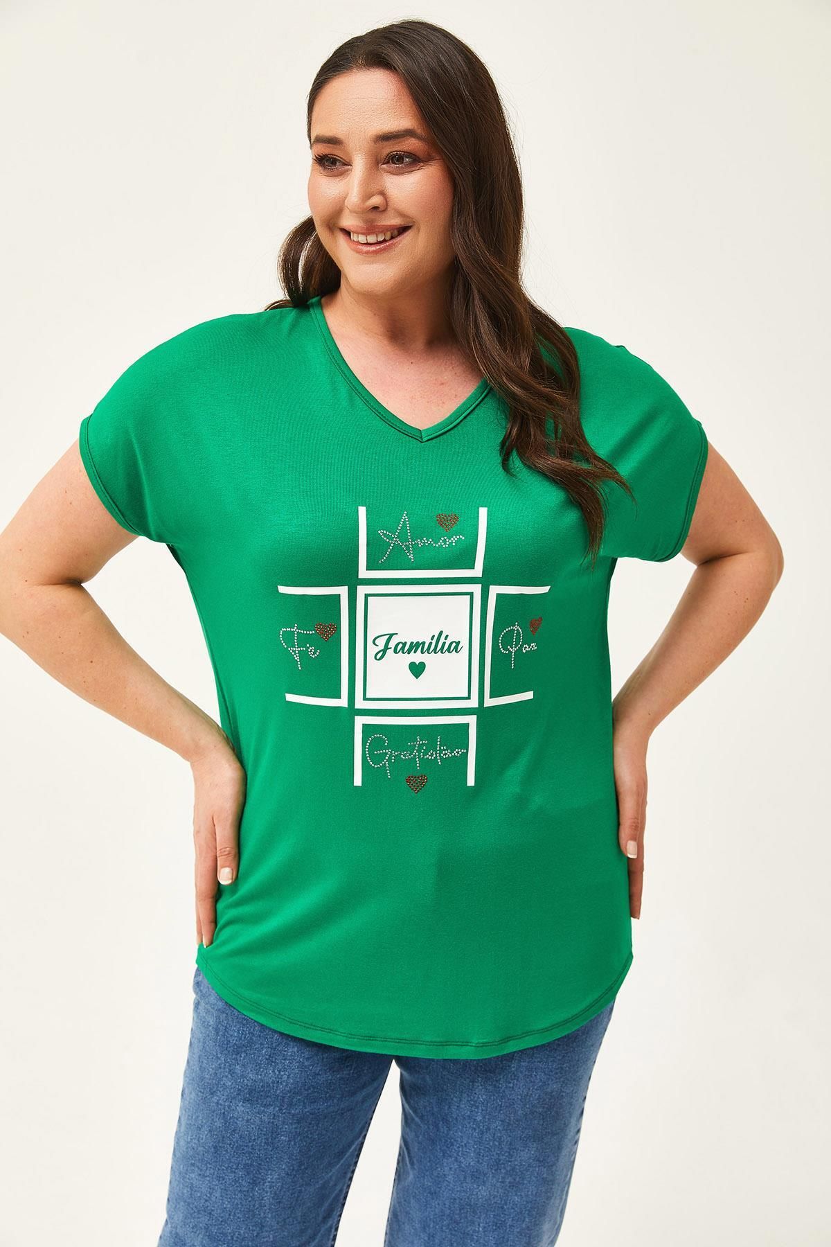 Ebsumu-Women's Plus Size Familia Printed Green Blouse 4