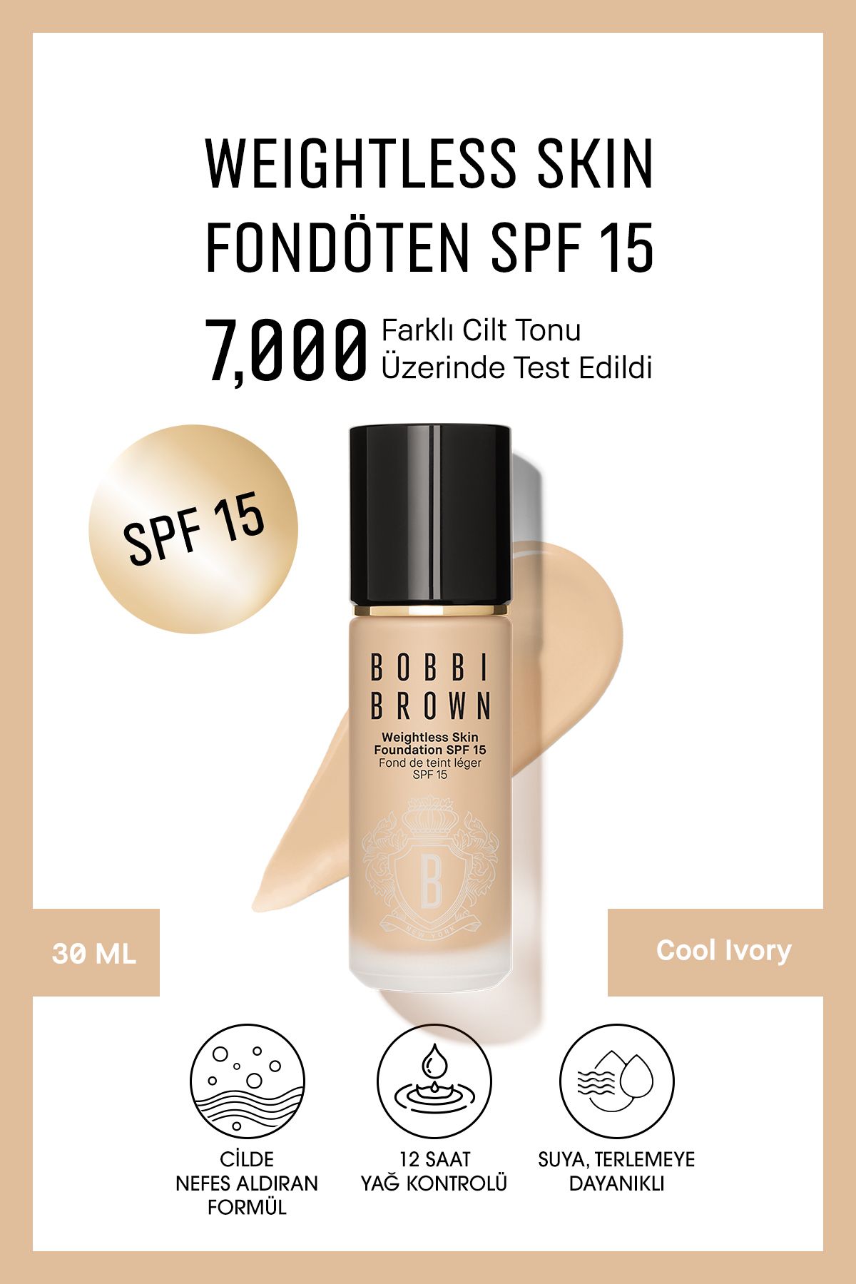 BOBBI BROWN Weightless Skin 24 Hoursting Liquid Foundation SPF 15 - پوشش طبیعی و مات - عاج خنک - 30 میلی لیتر