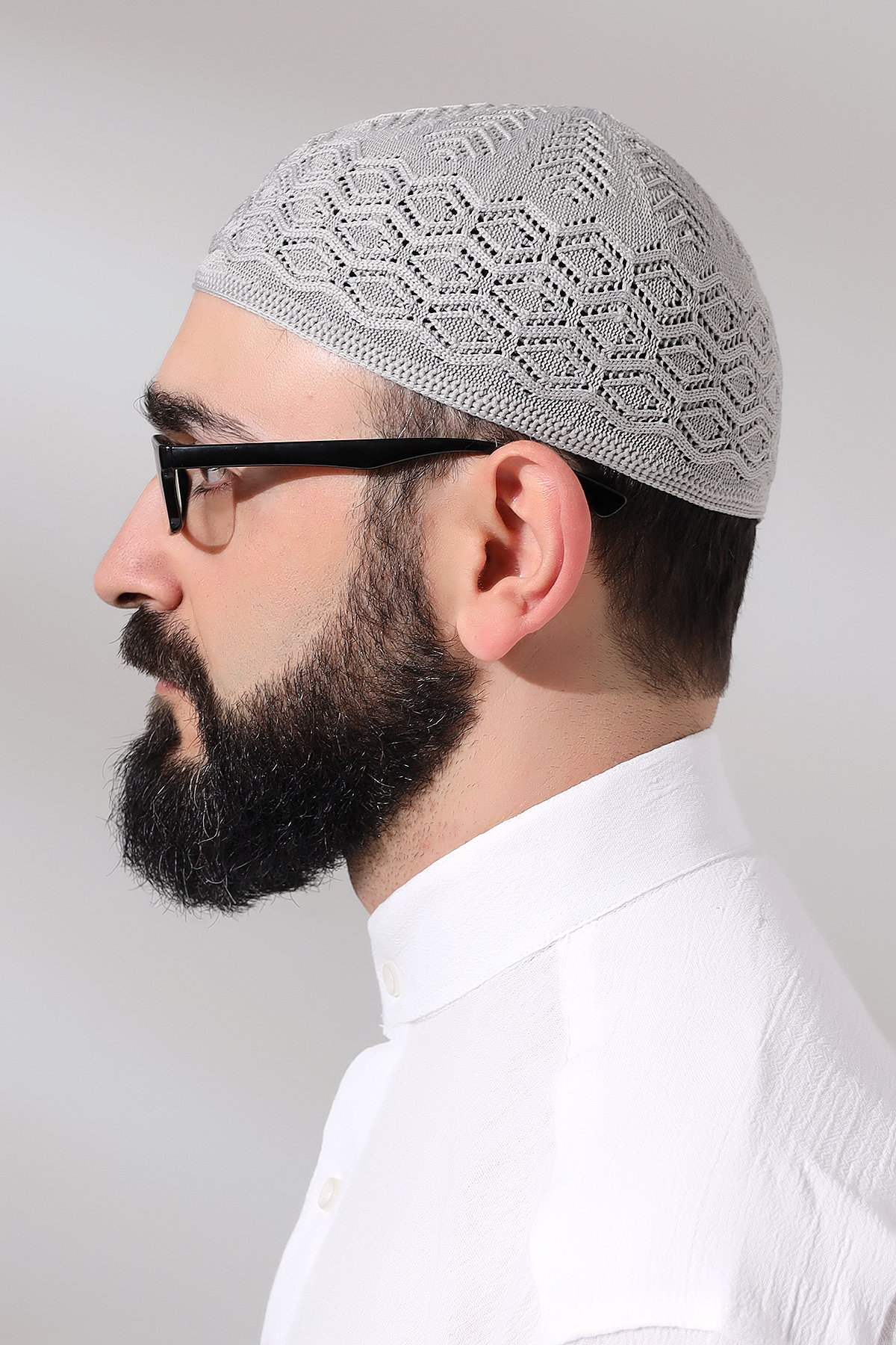 ihvan online Kabartma Desen Örgülü Platinum Namaz Takkesi Gri görsel 5