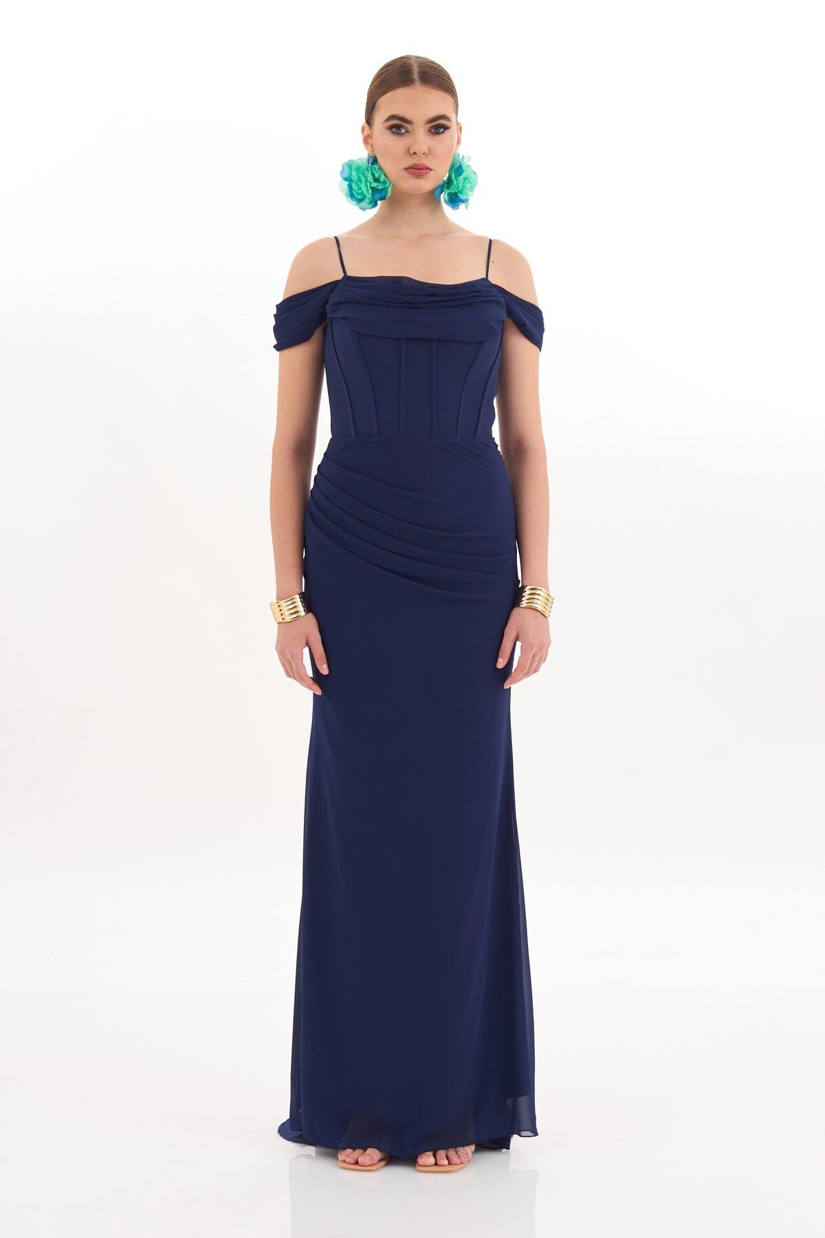 Carmen-Navy Blue Strappy Long Chiffon Evening Dress 1