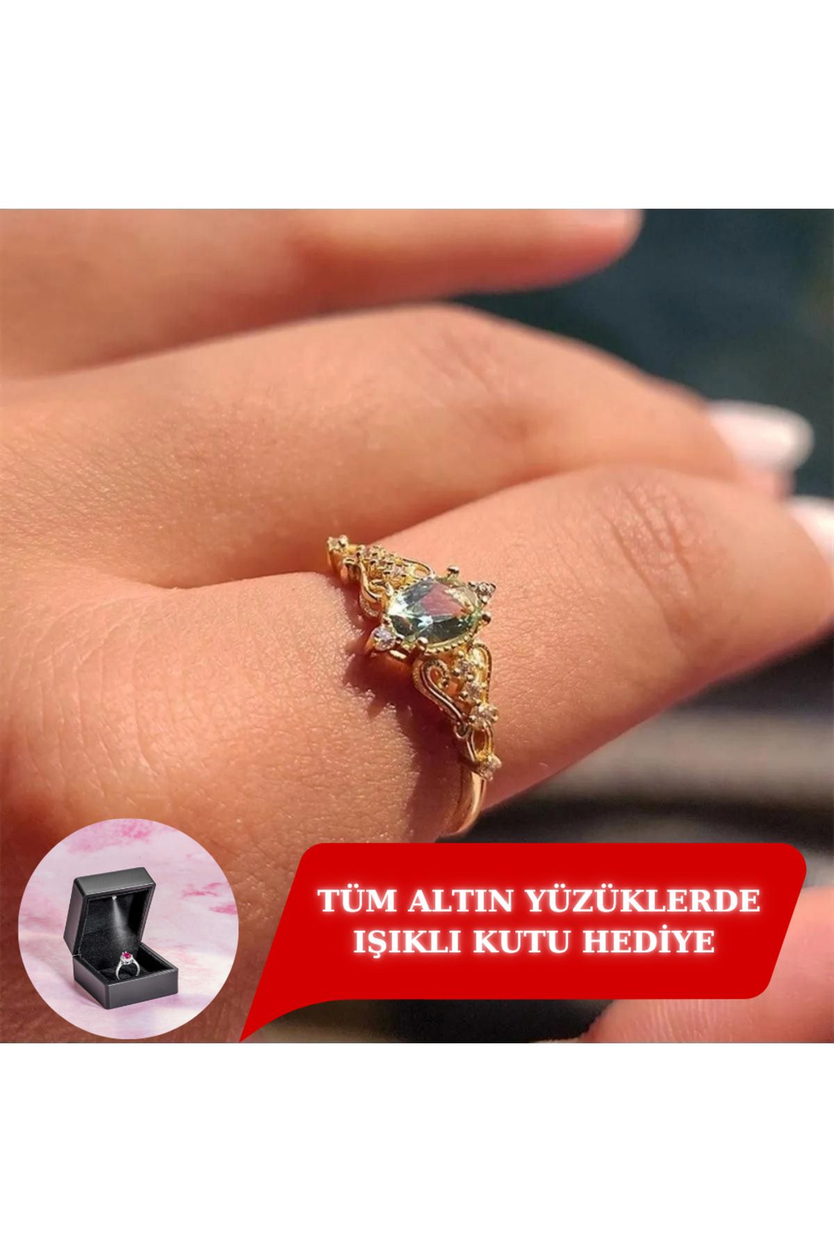 FasekGold 14 Ayar Altın Yüzük-fox Love Su Yeşili Evlilik Teklifi Prenses 0.50 Karat Altın Yüzük