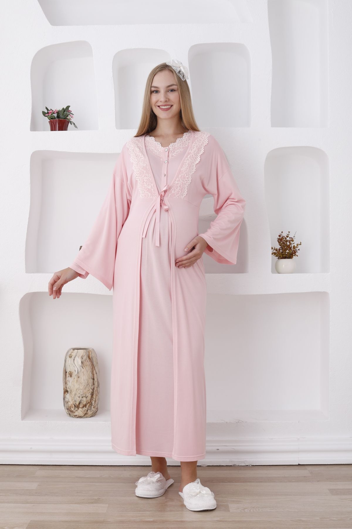 ERDENİZ TEKSTİL-Buttoned Laced Collar Long Sleeve Maternity-Pregnancy Nightgown Set of 2 (Autumn-Winter) 4