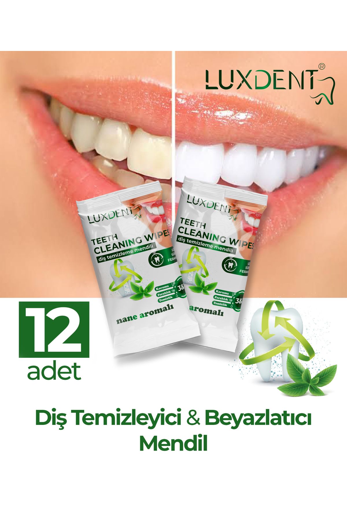 Luxdent 12'li Diş Temizleyici Ve Beyazlatıcı Nane Aromalı Diş Mendil