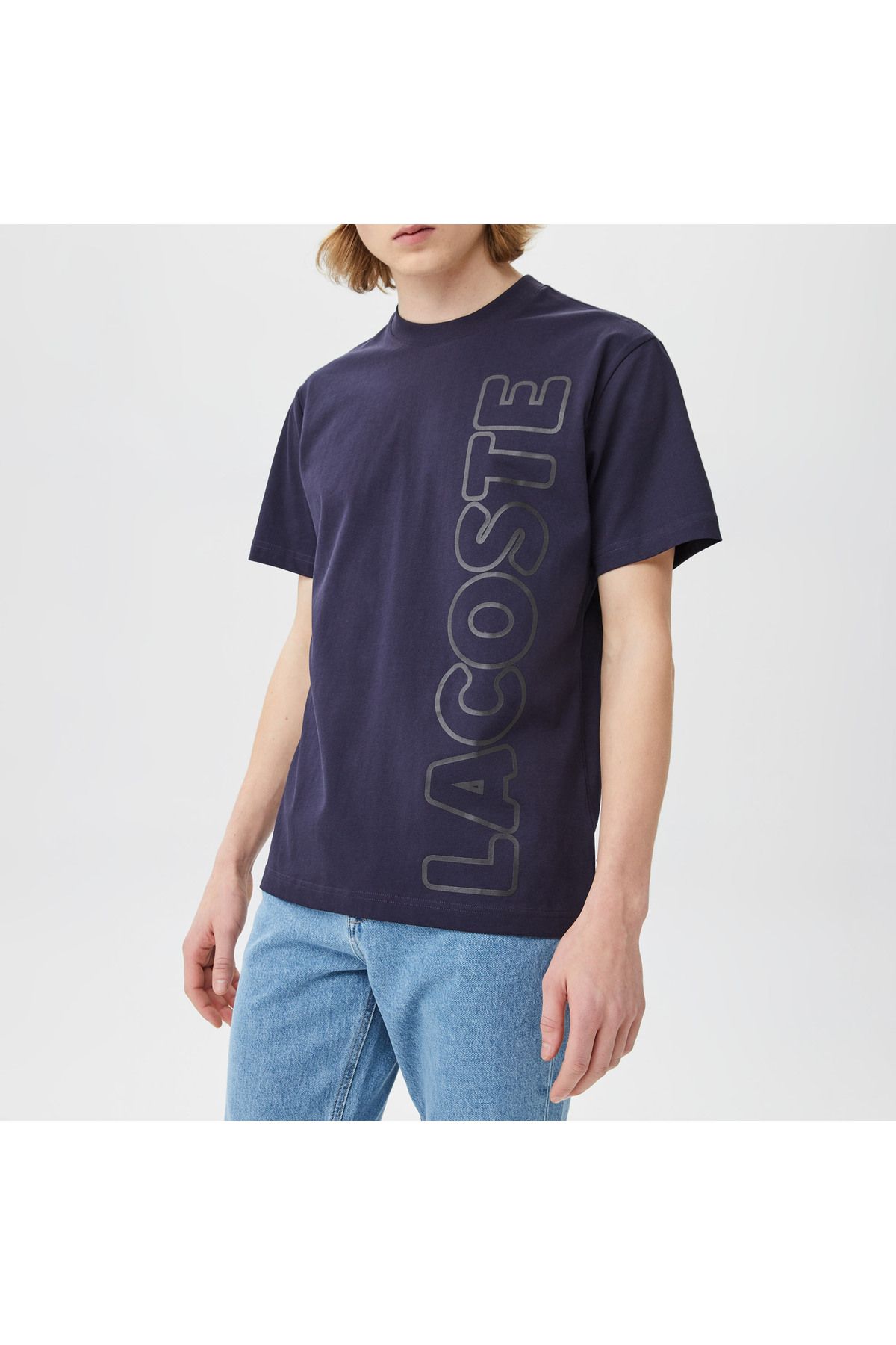 تی شرت آبی مردانه یقه دوچرخه تناسب با پیراهن رنگ دریایی طرح دار Lacoste