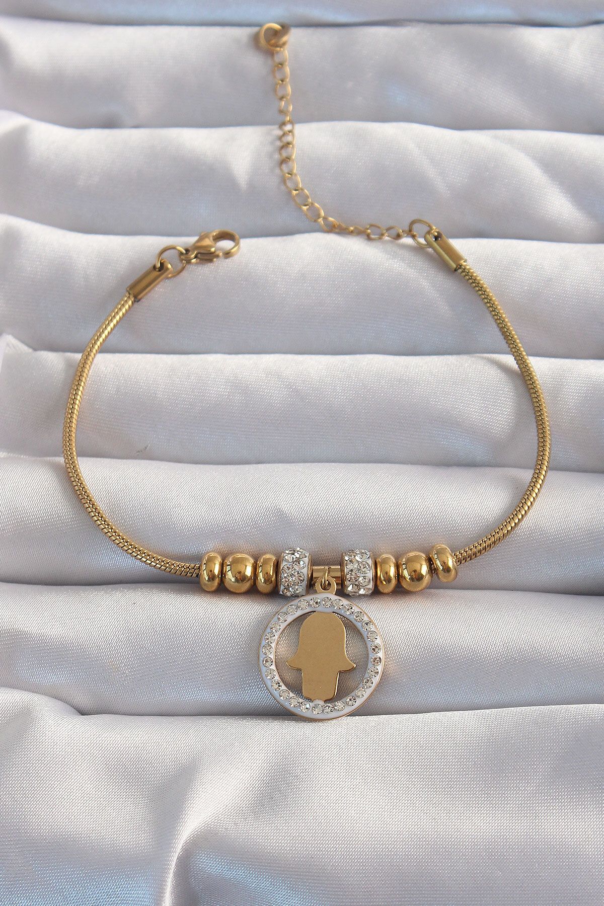 TUA MODA TUA MODA 316L Çelik Gold Renk Zirkon Taş Aksesuarlı Fatma Ana Eli Bileklik