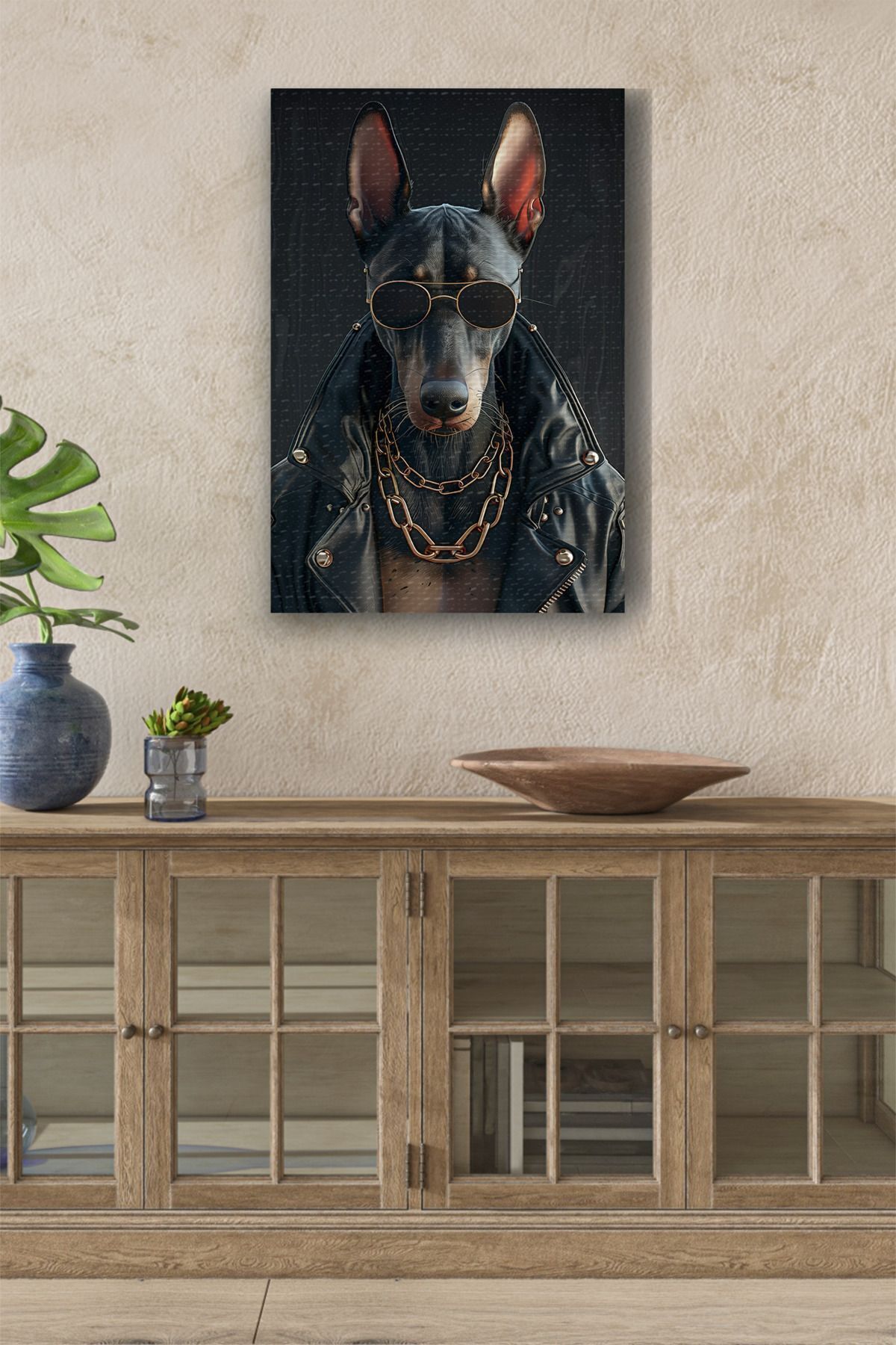 Vividale Deri Ceket Giymiş Siyah Köpek Yağlı Kanvas Tablo
