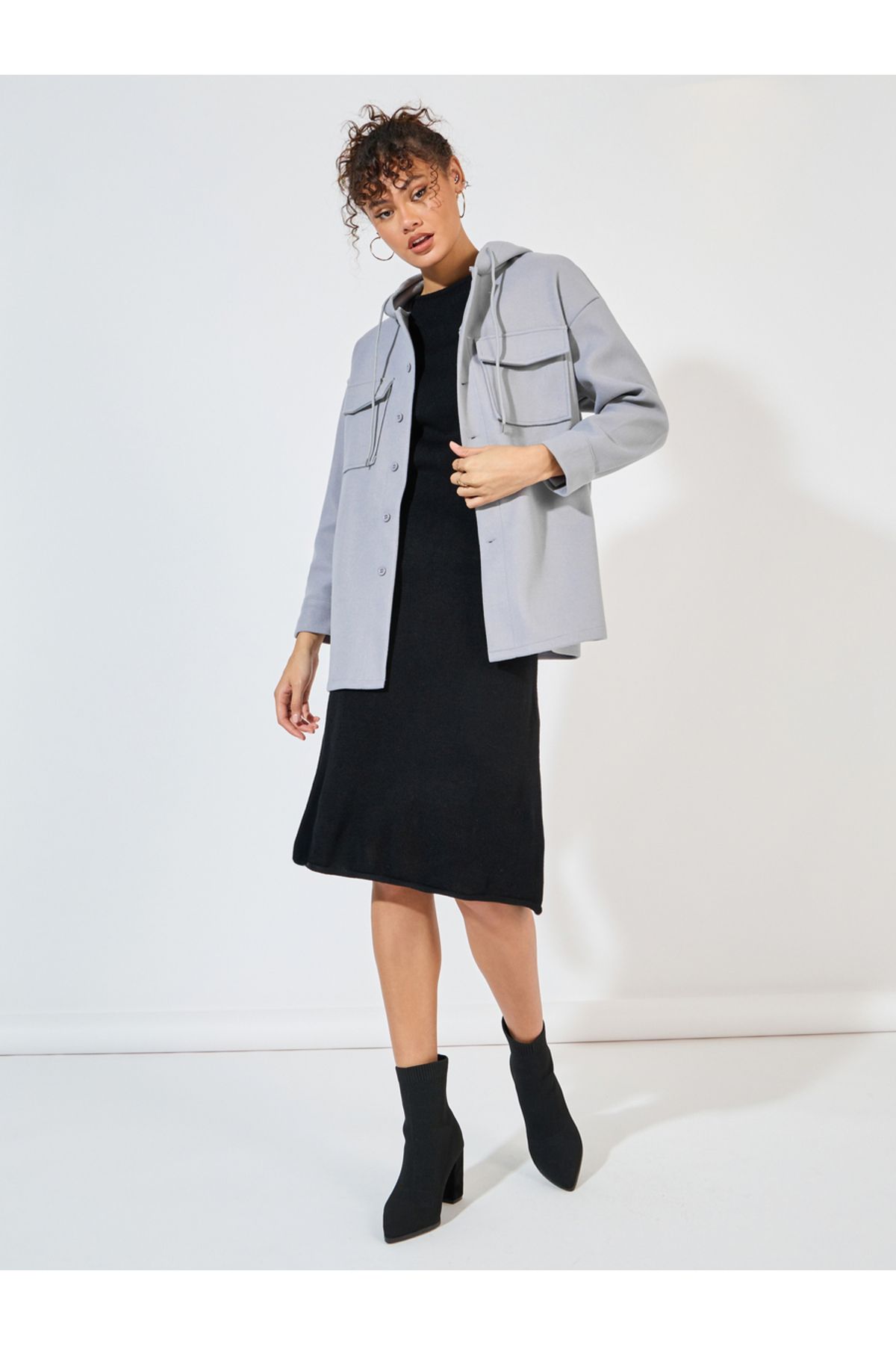 Styli-Oversized Longline Wool Like Shacket with Hood 3