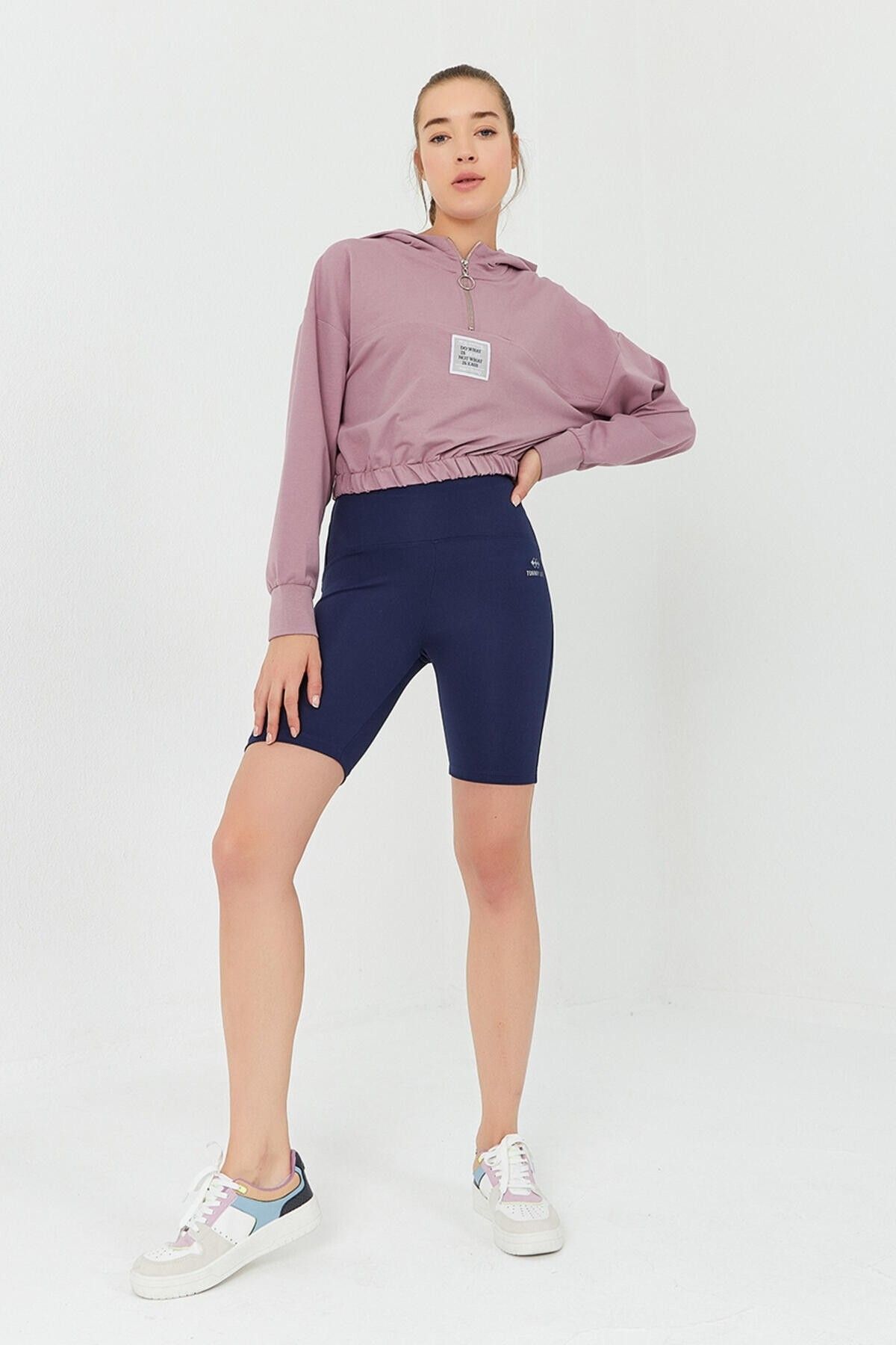 TOMMY LIFE-Hanorac crop top pentru femei, cu glugă, cu jumătate de fermoar, cu talie Dusty Rose - 97 4