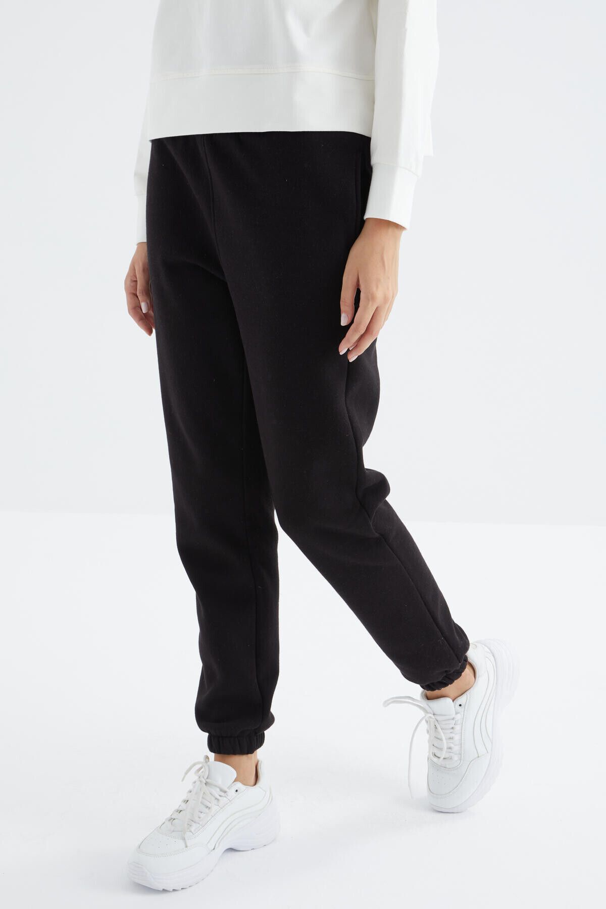 TOMMY LIFE-Black High Waist Raised 3 Thread Cotton Basic Women's Tracksuit Bottom - 94624 2