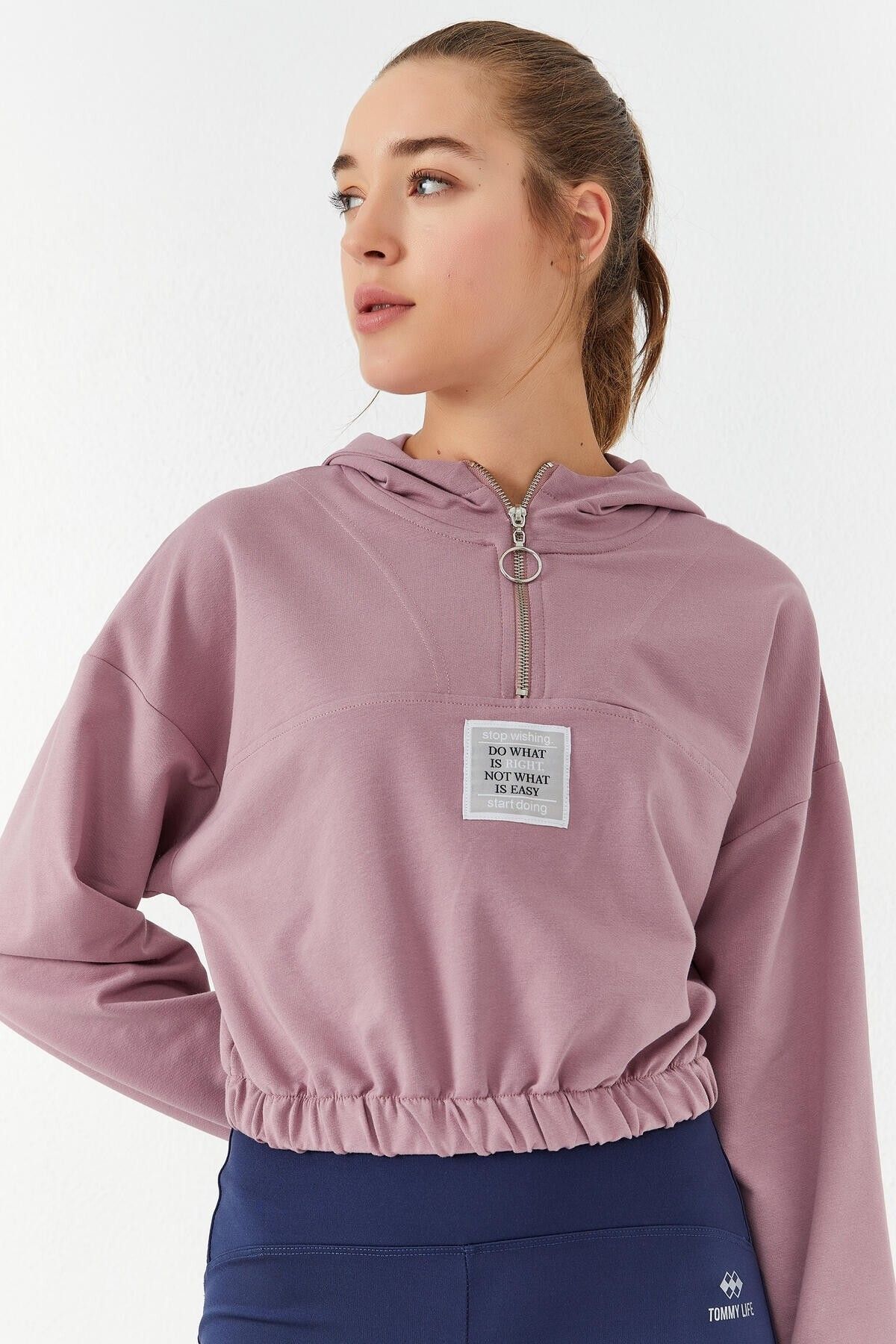 TOMMY LIFE-Hanorac crop top pentru femei, cu glugă, cu jumătate de fermoar, cu talie Dusty Rose - 97 8