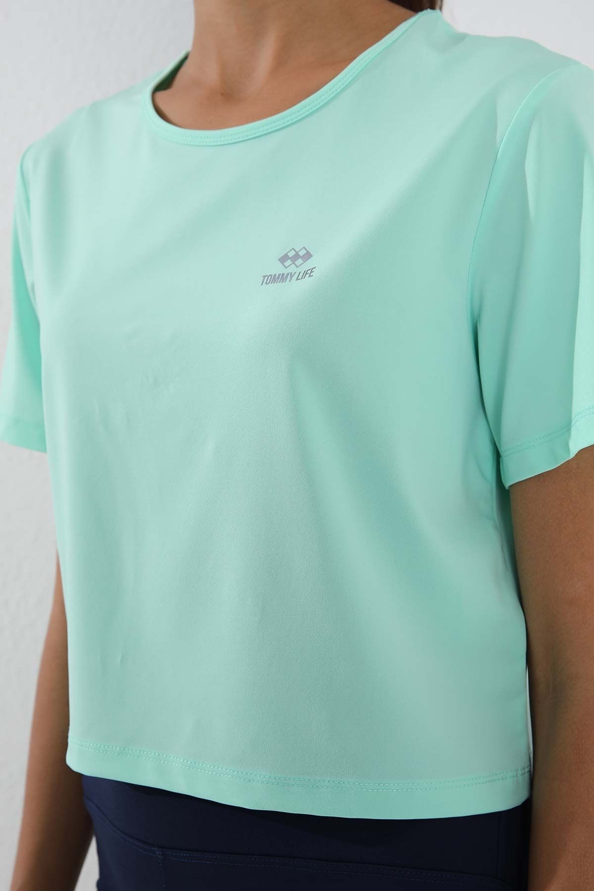 TOMMY LIFE-Mint Green O Neck Women's Crop Top - Short Sleeve, Standard Fit - 97143 8