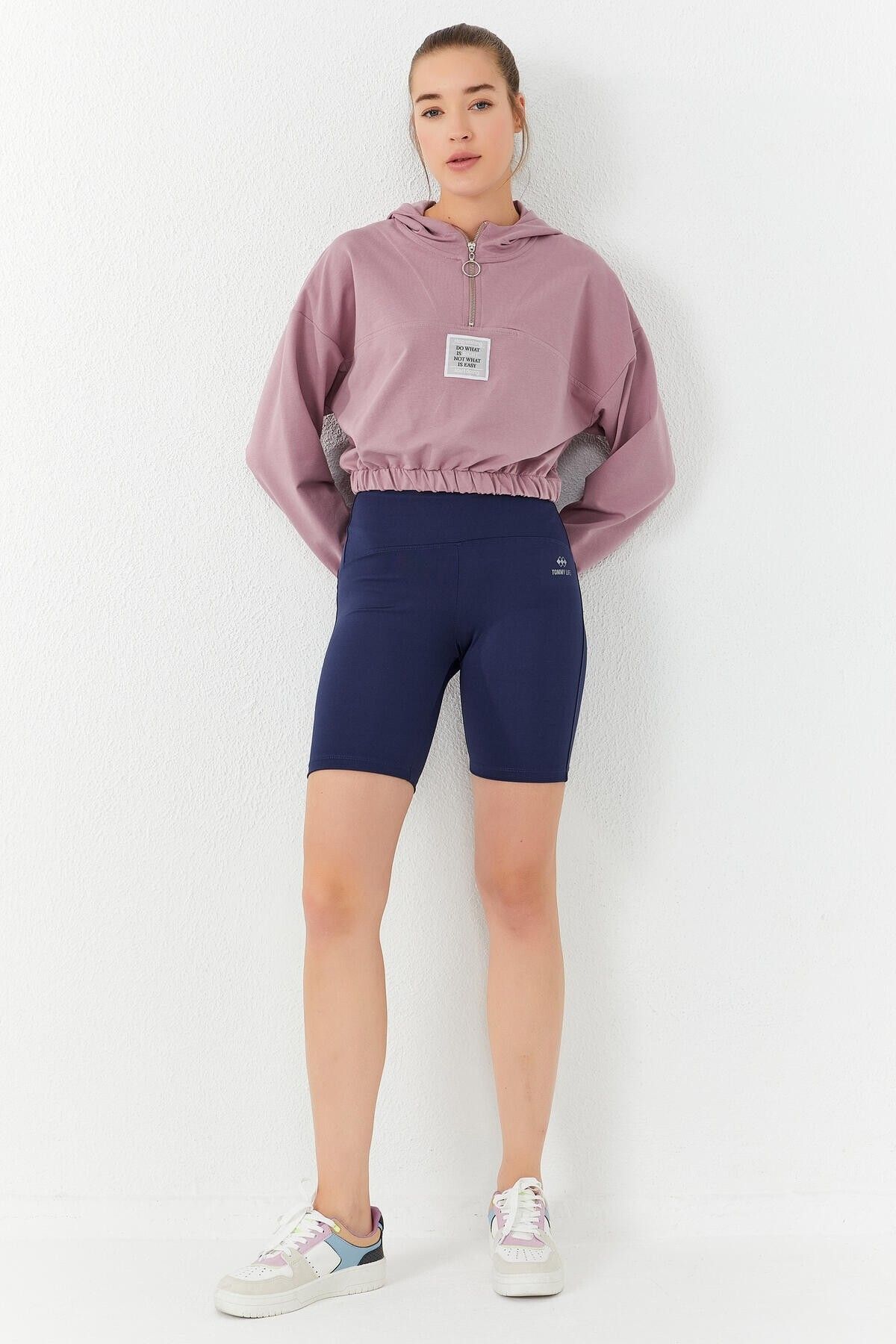 TOMMY LIFE-Hanorac crop top pentru femei, cu glugă, cu jumătate de fermoar, cu talie Dusty Rose - 97 2