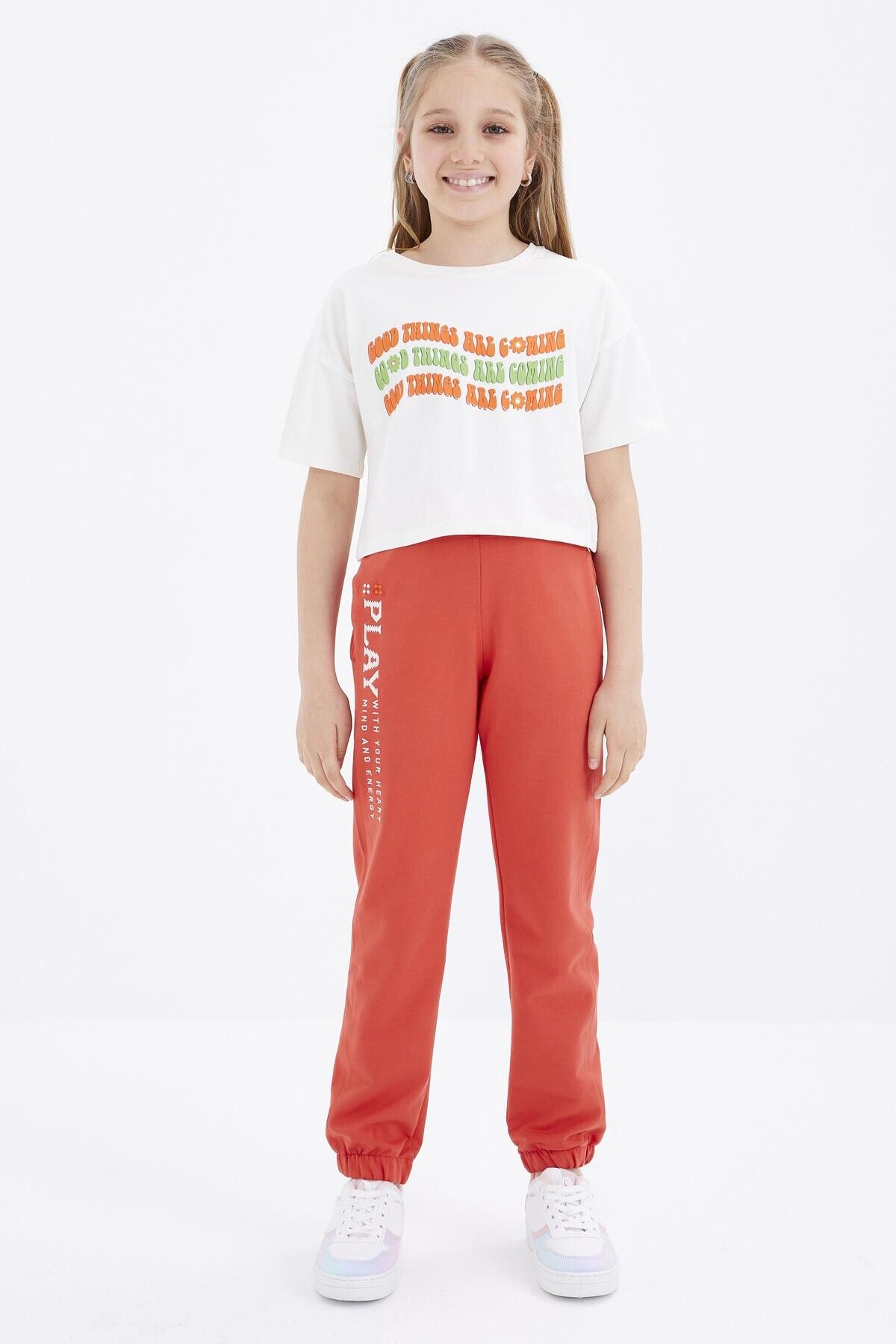 TOMMY LIFE-Orange Text Embroidered Lace Up Standard Mold Elastic Leg Girl's Tracksuit Bottom - 75051 7