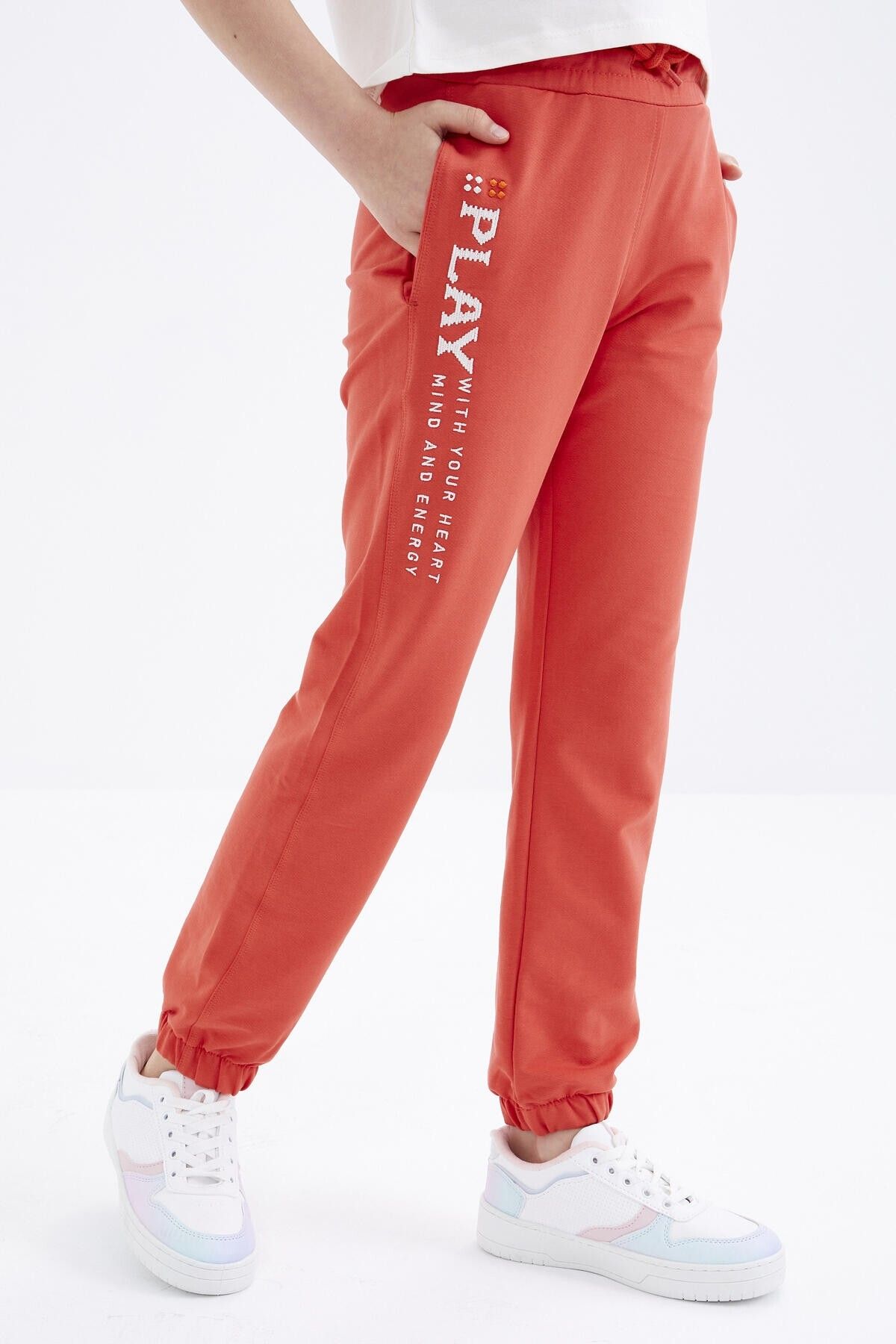 TOMMY LIFE-Orange Text Embroidered Lace Up Standard Mold Elastic Leg Girl's Tracksuit Bottom - 75051 6