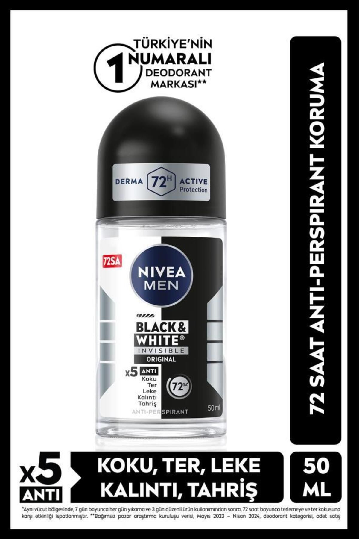 NIVEA Men Erkek Roll On Deodorant Black&white Invisible Original 50ml, 72 Saat Anti-perspirant Koruma