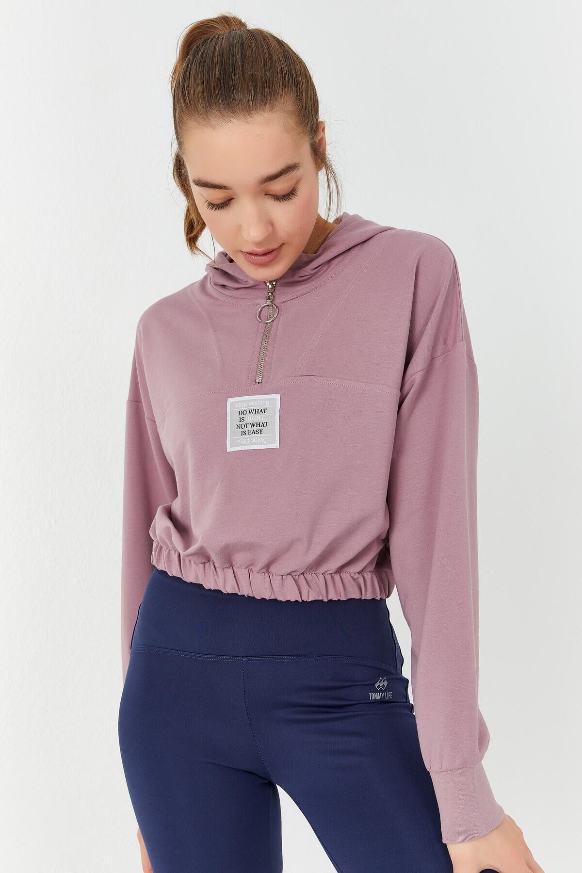 TOMMY LIFE-Hanorac crop top pentru femei, cu glugă, cu jumătate de fermoar, cu talie Dusty Rose - 97 3