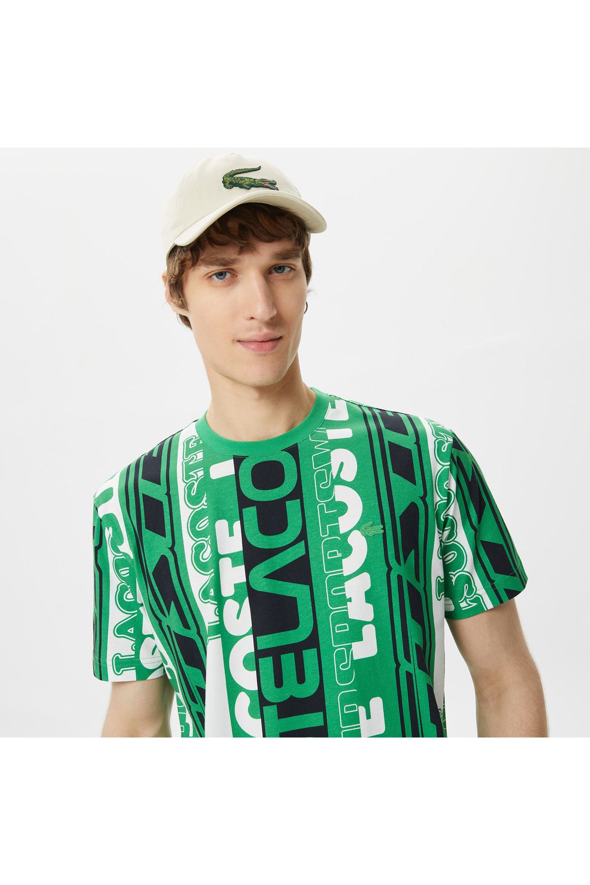تی شرت سبز مردانه یقه دوچرخه مناسب طرح دار Lacoste