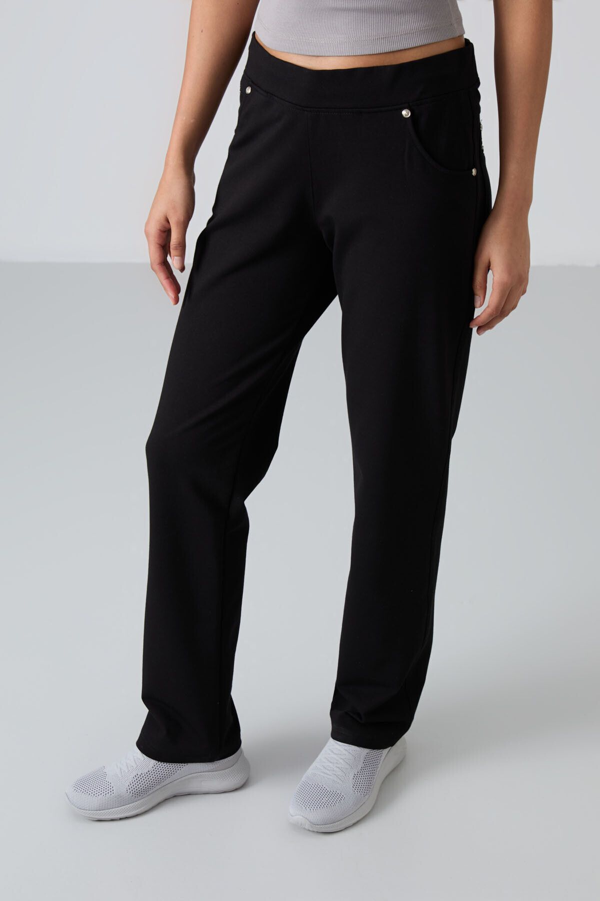 TOMMY LIFE-Black Stoned Comfortable Women's Sweatpants with Pockets - 94007 4