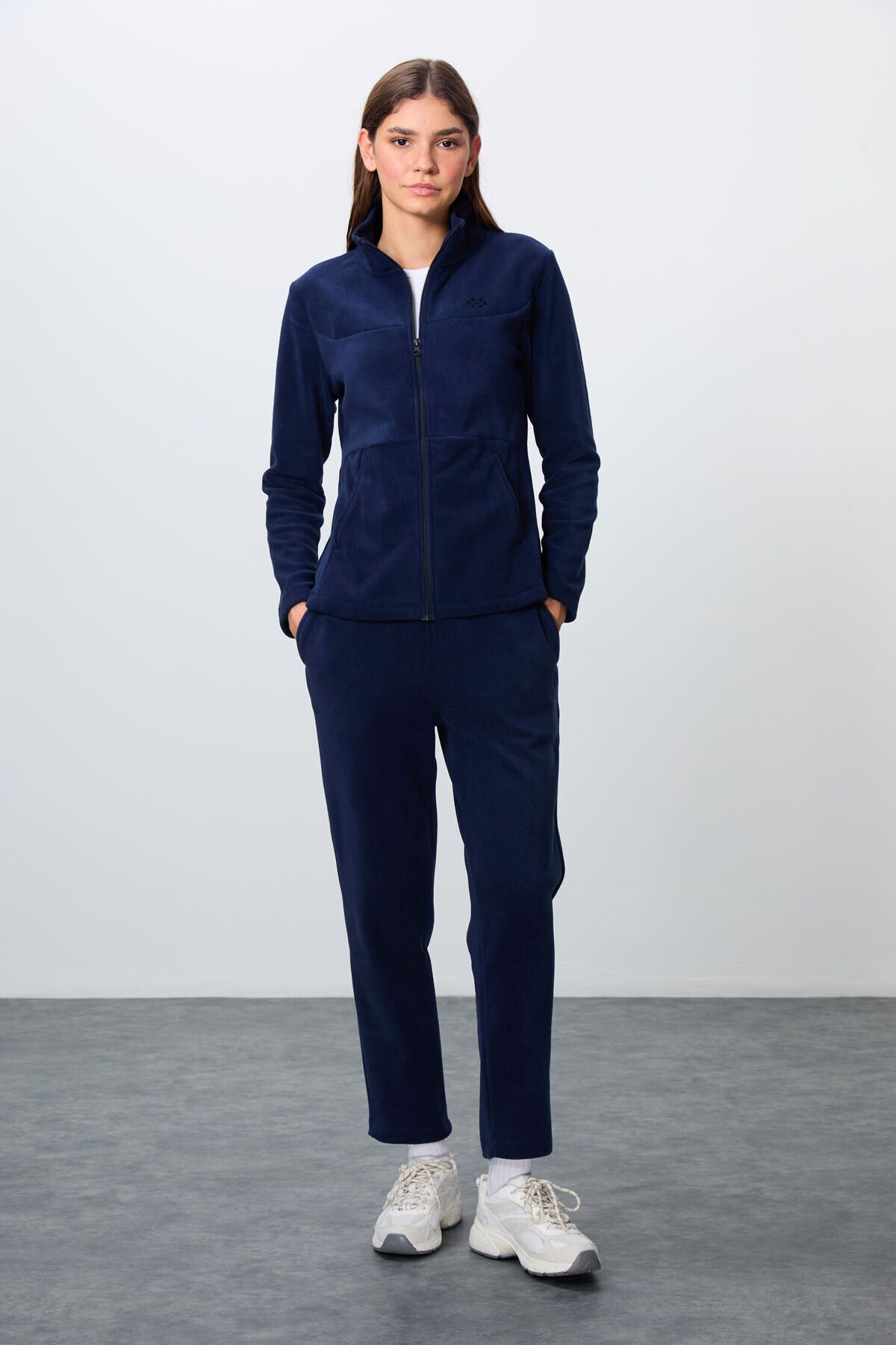 TOMMY LIFE-Navy Blue Embroidered Oversize Fleece Women's Tracksuit Set - Thick Soft Textured, Stand Collar -95339 1