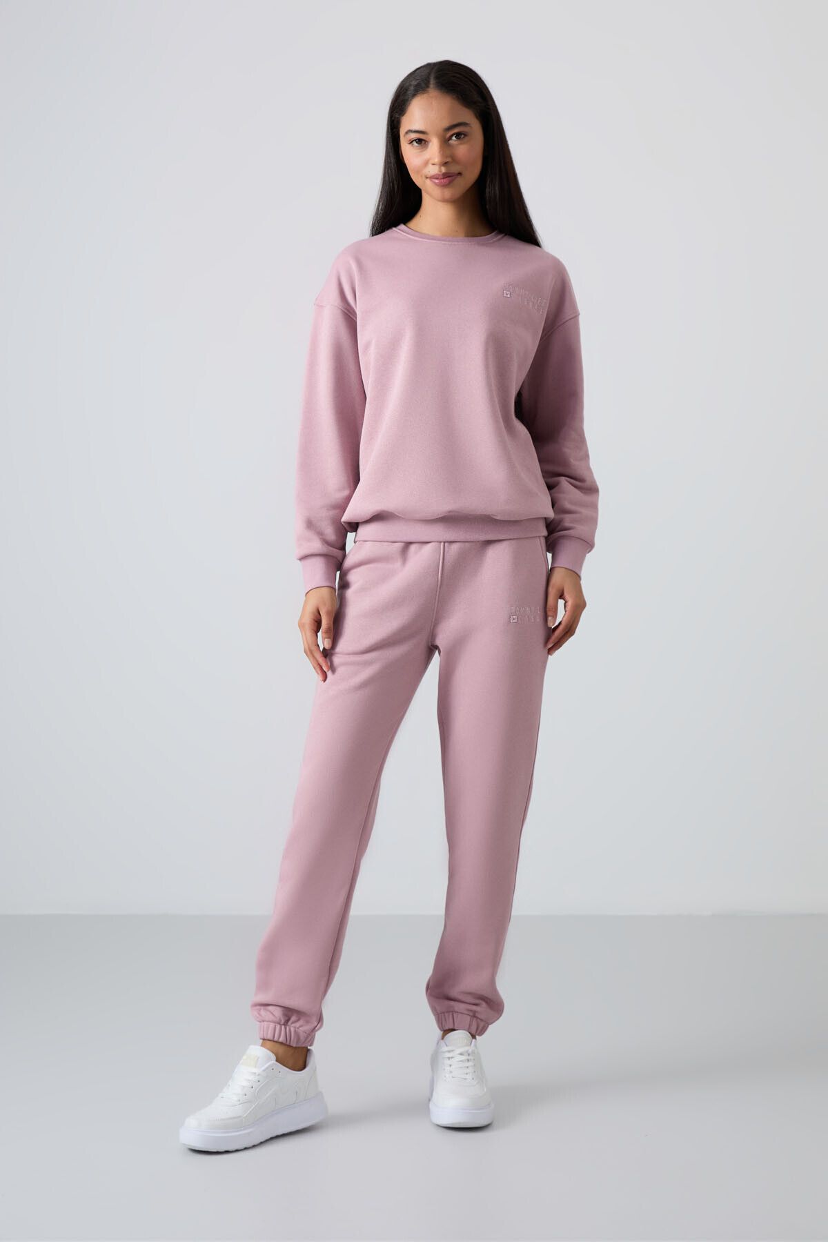 TOMMY LIFE-Dried Rose O-Neck Oversize Women's Tracksuit Set - Rubber Leg - 95287 6