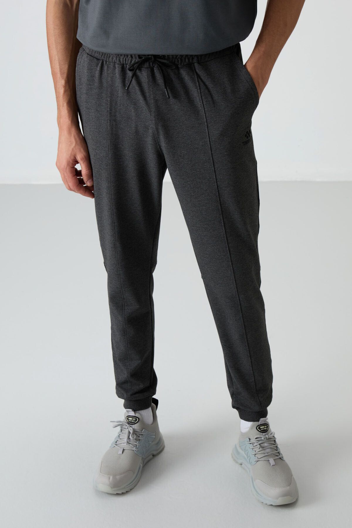 TOMMY LIFE-Anthracite Melange Cotton Soft Textured Comfort Fit Embroidered Men's Jogger - 82123 1