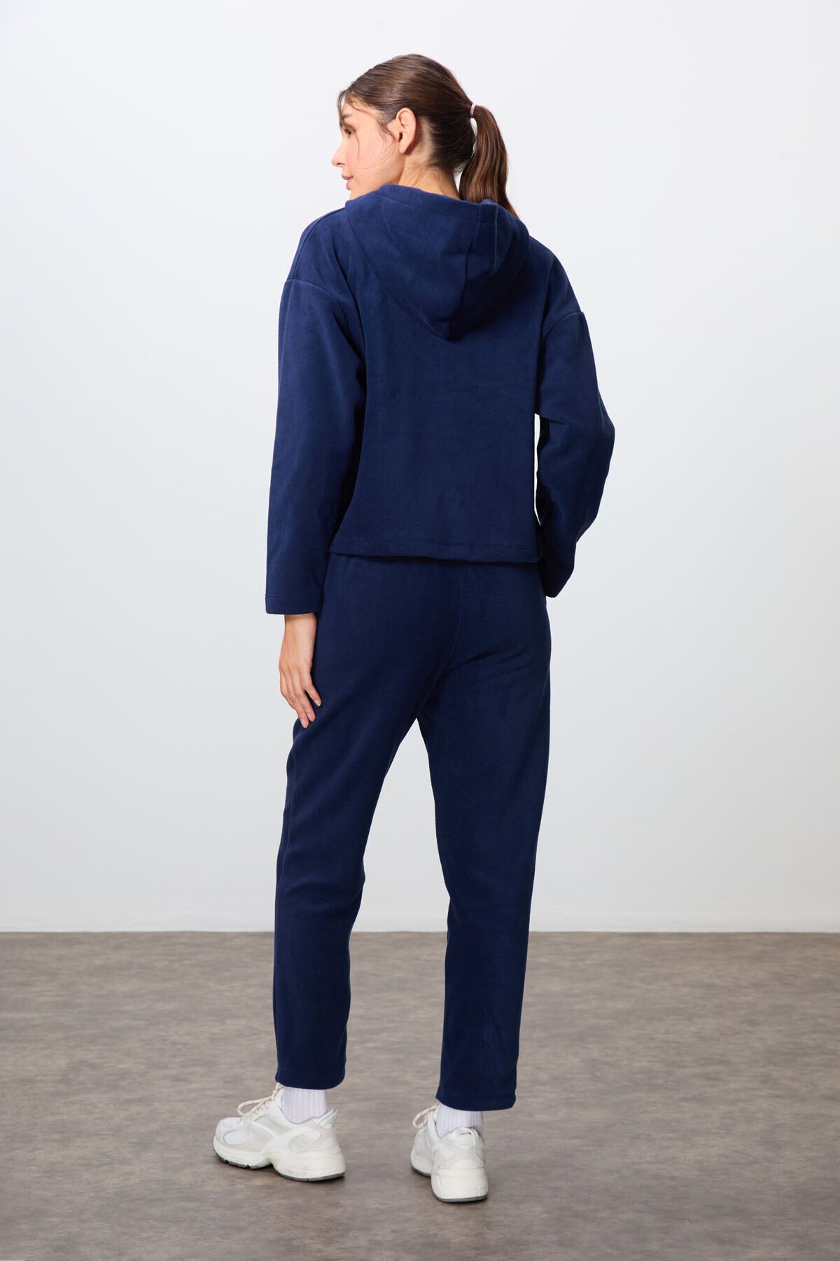 TOMMY LIFE-Navy Blue Embroidered Oversize Fleece Women's Tracksuit Set - Thick Soft Textured, Hooded -95338 7