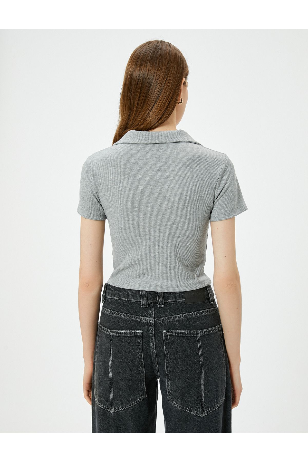 Koton-Ribbed Draped Polo Collar T-Shirt - Zippered 4