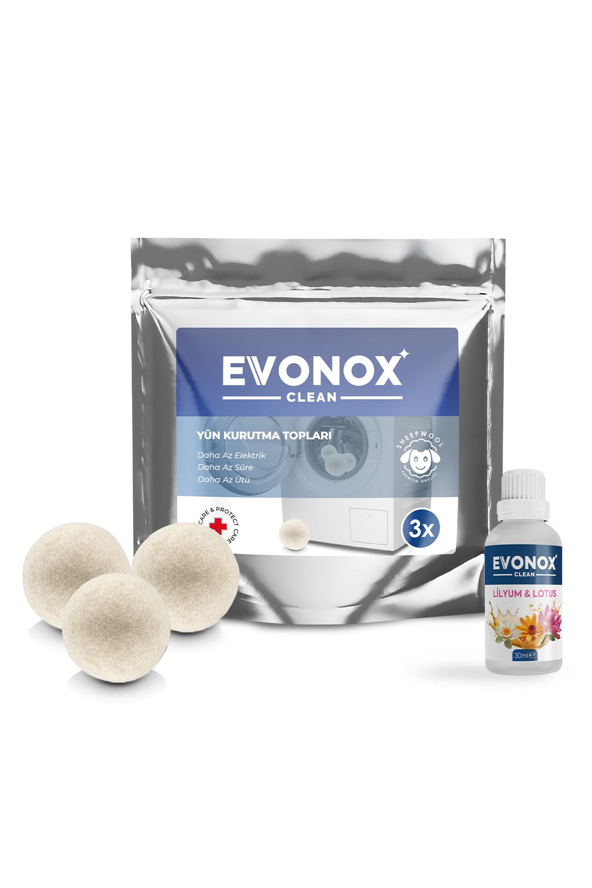 Evonox Clean 3 Adet Çamaşır Yün Keçe Kurutma Topu + 30ml Esans Koku Hediye - Doğal ve Çevre Dostu