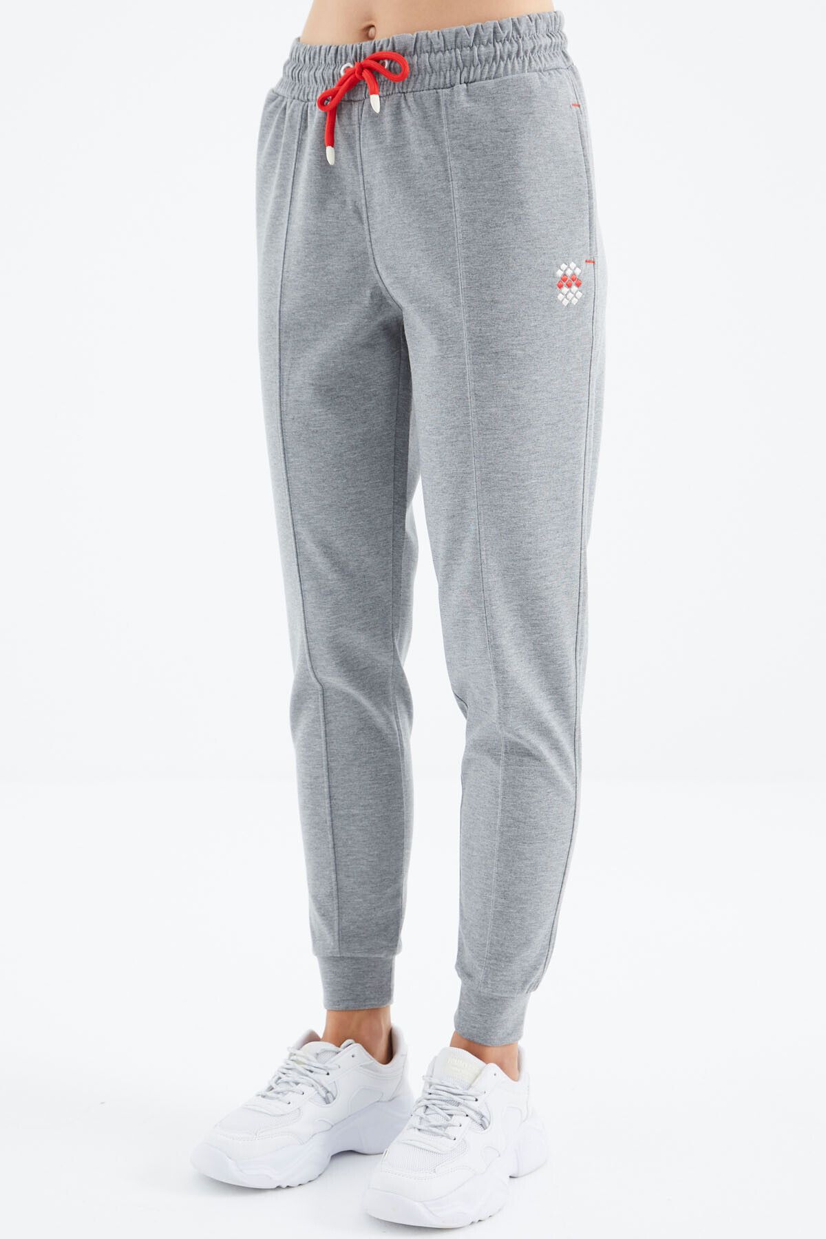 TOMMY LIFE-Oversize Gray Melange Women's Tracksuit Set - Hooded, Zippered and Pocket Detailed - 95322 7