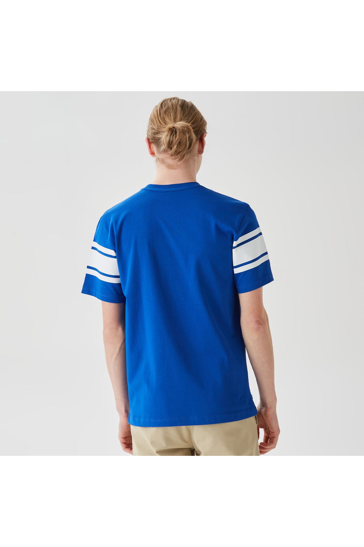 تی شرت آبی مردانه یقه دوچرخه تناسب آقایان طرح دار Lacoste