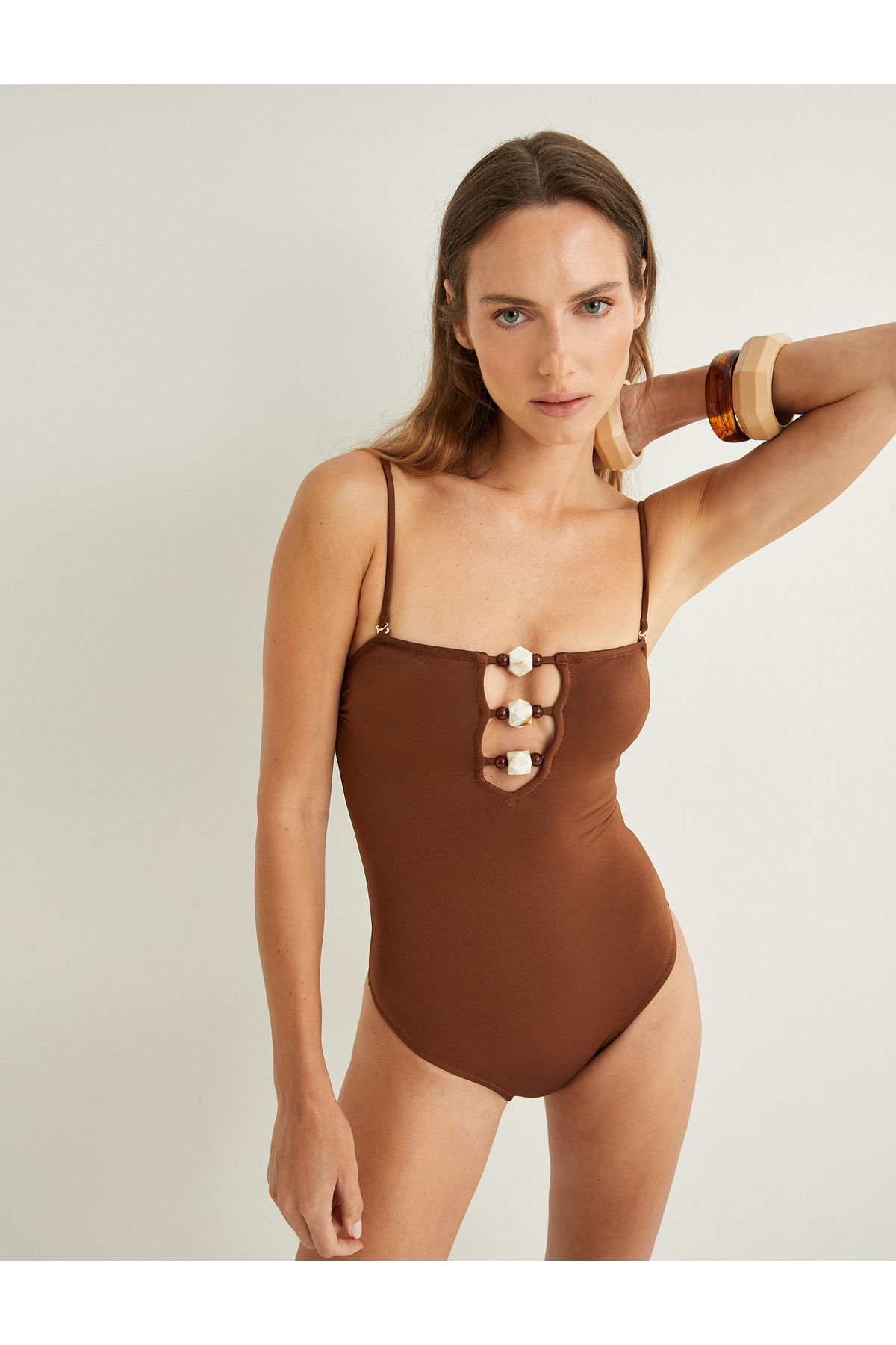 Koton-X Şahika Ercümen - Strapless Swimsuit Window Detail Beaded Removable Thin Strap Shiny 2