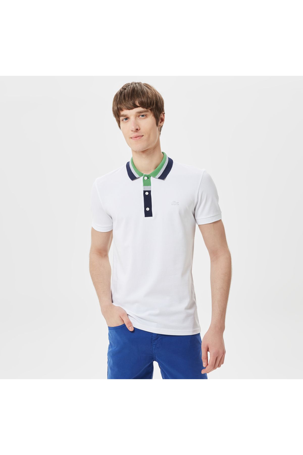 تی شرت یقه پولو سفید مردانه چوگان معمولی با بلوک رنگ مناسب Lacoste