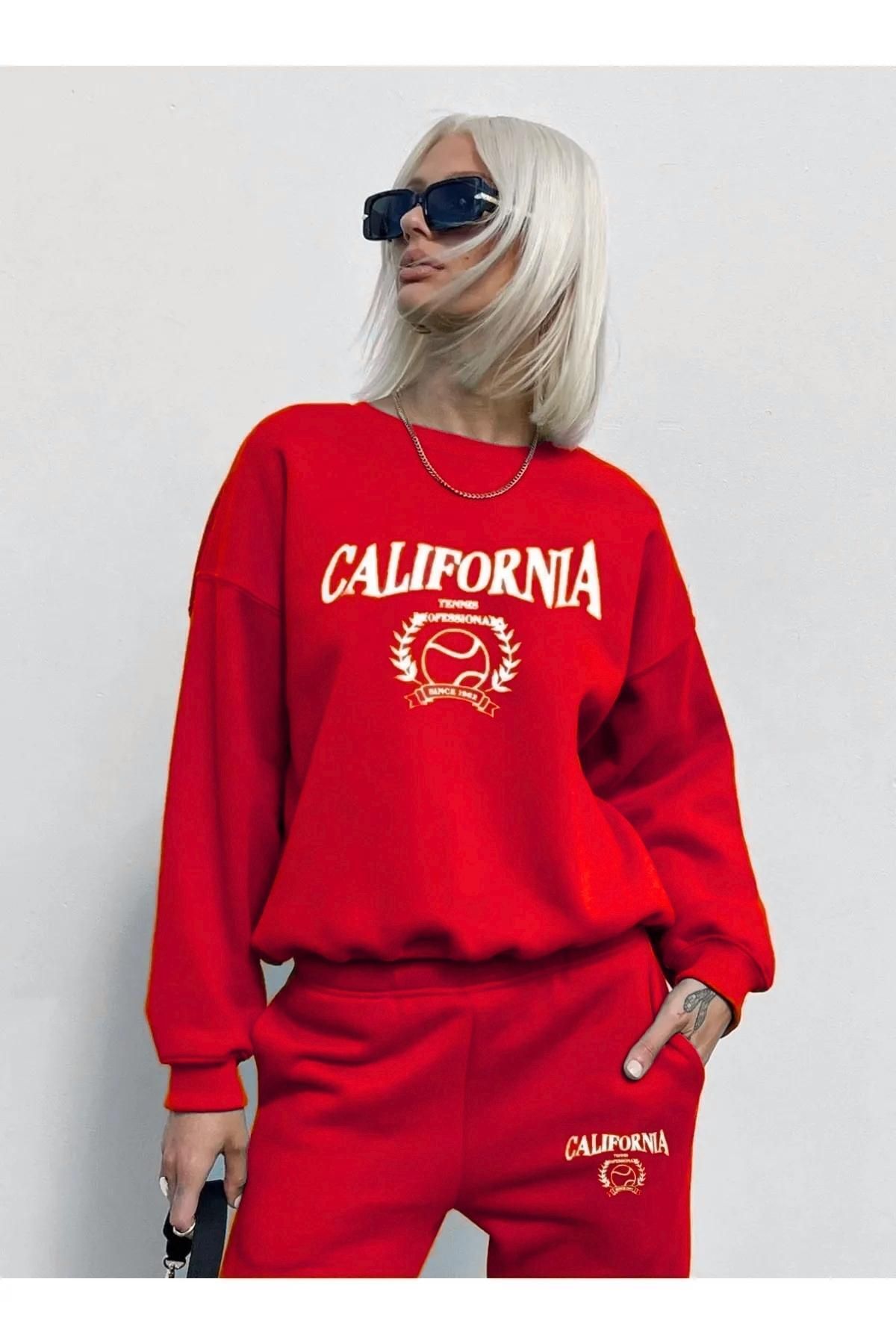 CC STORE Kırmızı California Tennis Tasarım Baskılı Oversize 3 İplik Eşofman Takımı