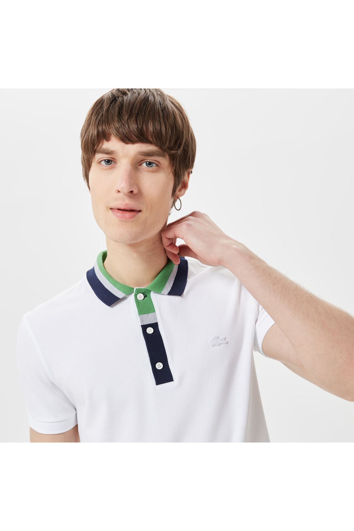 تی شرت یقه پولو سفید مردانه چوگان معمولی با بلوک رنگ مناسب Lacoste