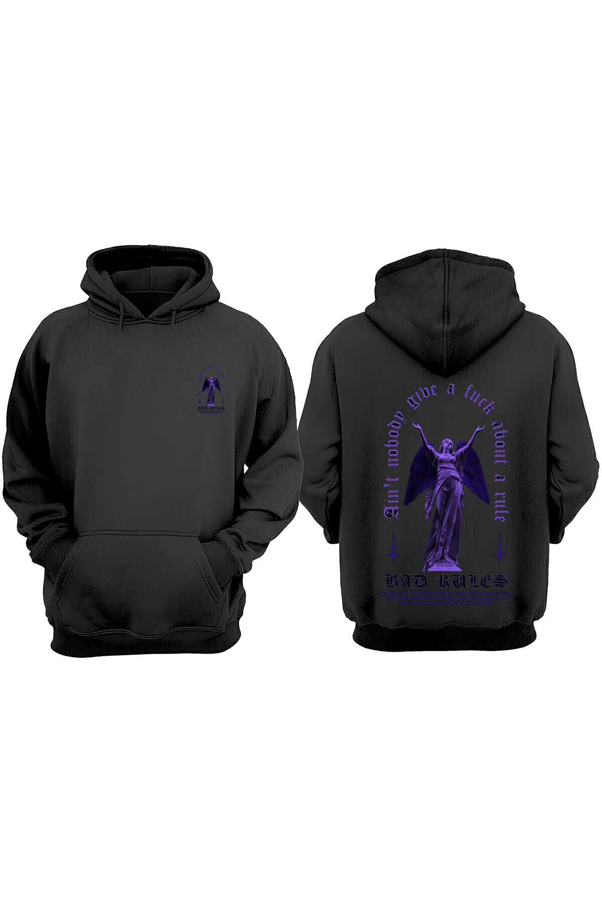 THEWERT-Unisex Bad Rules Winged Purple Women's Design Front and Back Printed Regular Fit Black Sweatshirt 1