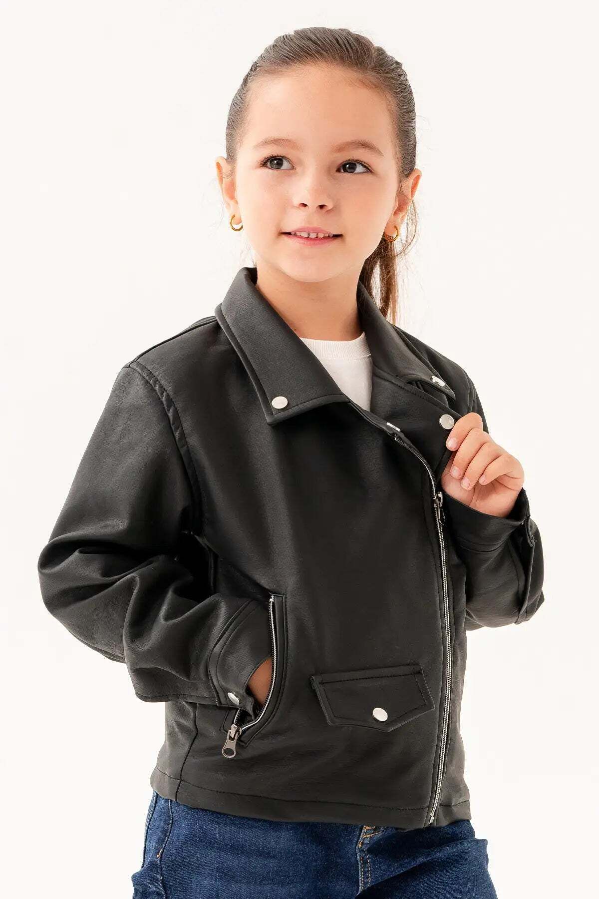 Gold Class Kidswear-Double Pocket Zippered Lined Girl's Leather Jacket 4