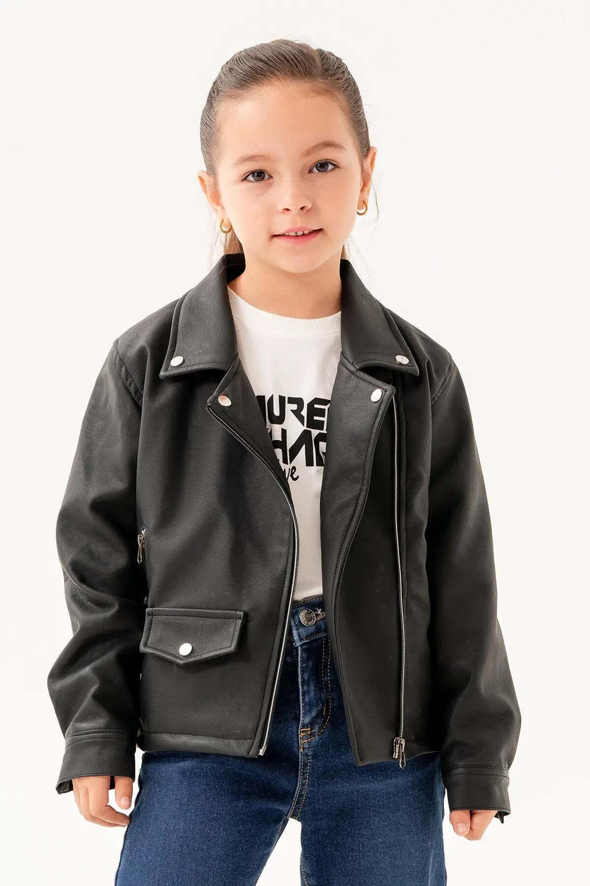 Gold Class Kidswear-Double Pocket Zippered Lined Girl's Leather Jacket 3