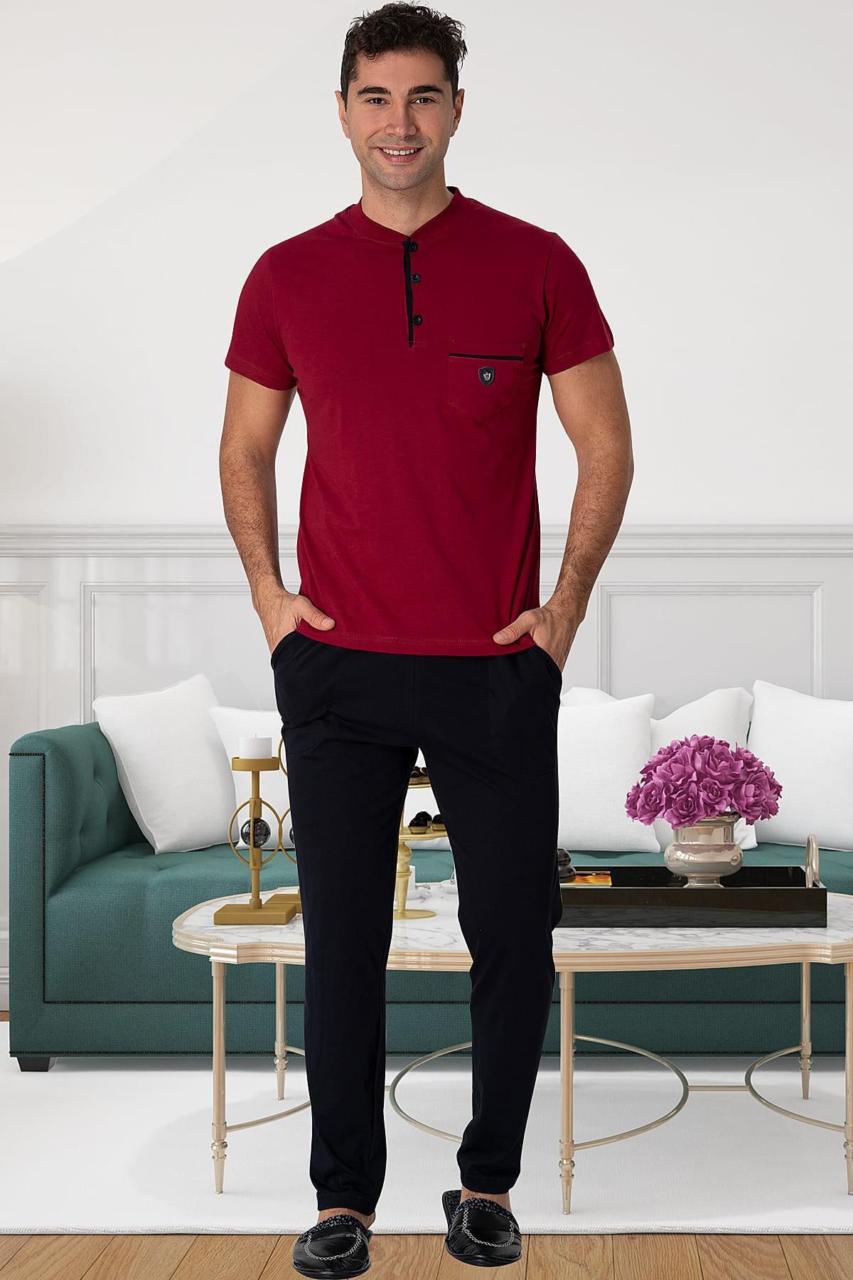 Mecit Pijama-Mecit 2769 Set de pijama pentru bărbați cu pantaloni scurți de mărime mare burgundy 2