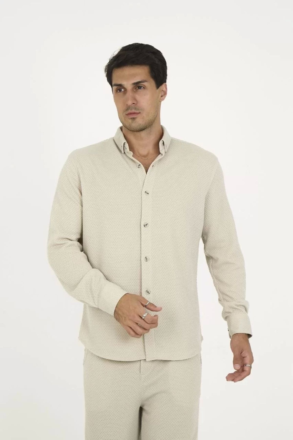 Mirage-Buttoned Full Fit Long Sleeve Jacquard Shirt - Gray 1