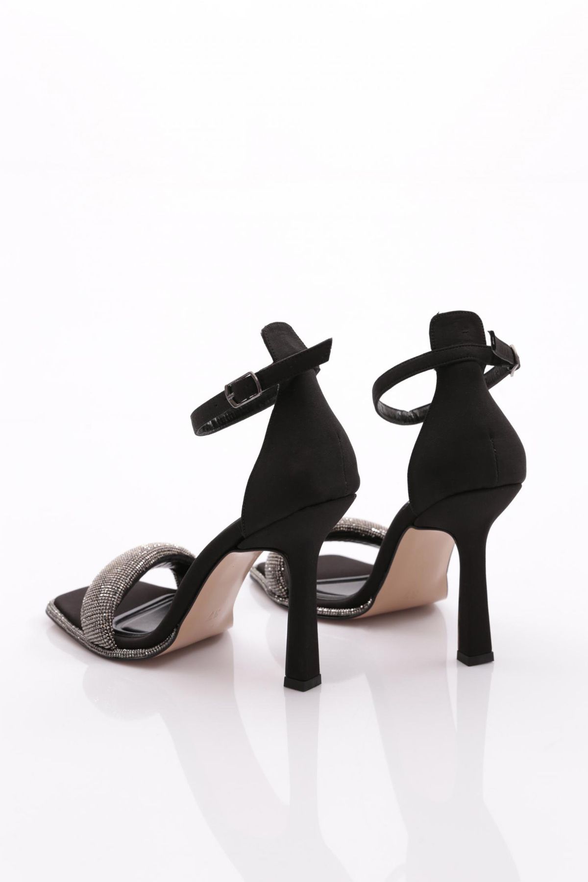 DGN-Sandale cu toc închis la gleznă cu piatră argintie pentru femei, satin negru, piatră neagră 313933210 3