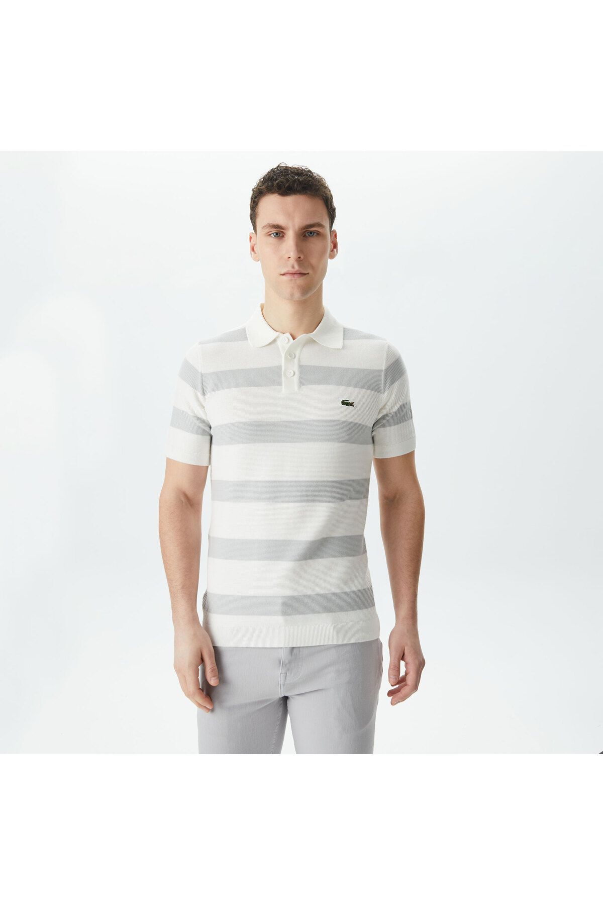 تی شرت یقه پولو خاکستری مردانه آستین کوتاه یاکا لباس بافتنی Lacoste