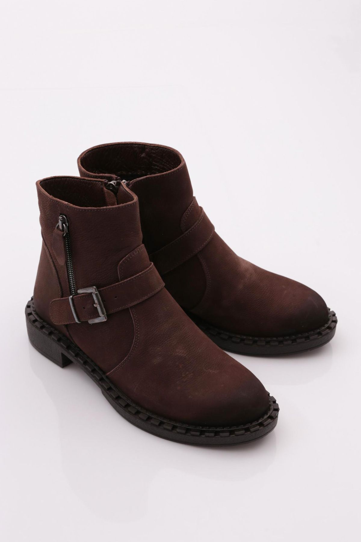 DGN-038 Women's Belt Lace-Up Boots Brown Nubuck Genuine Leather 2