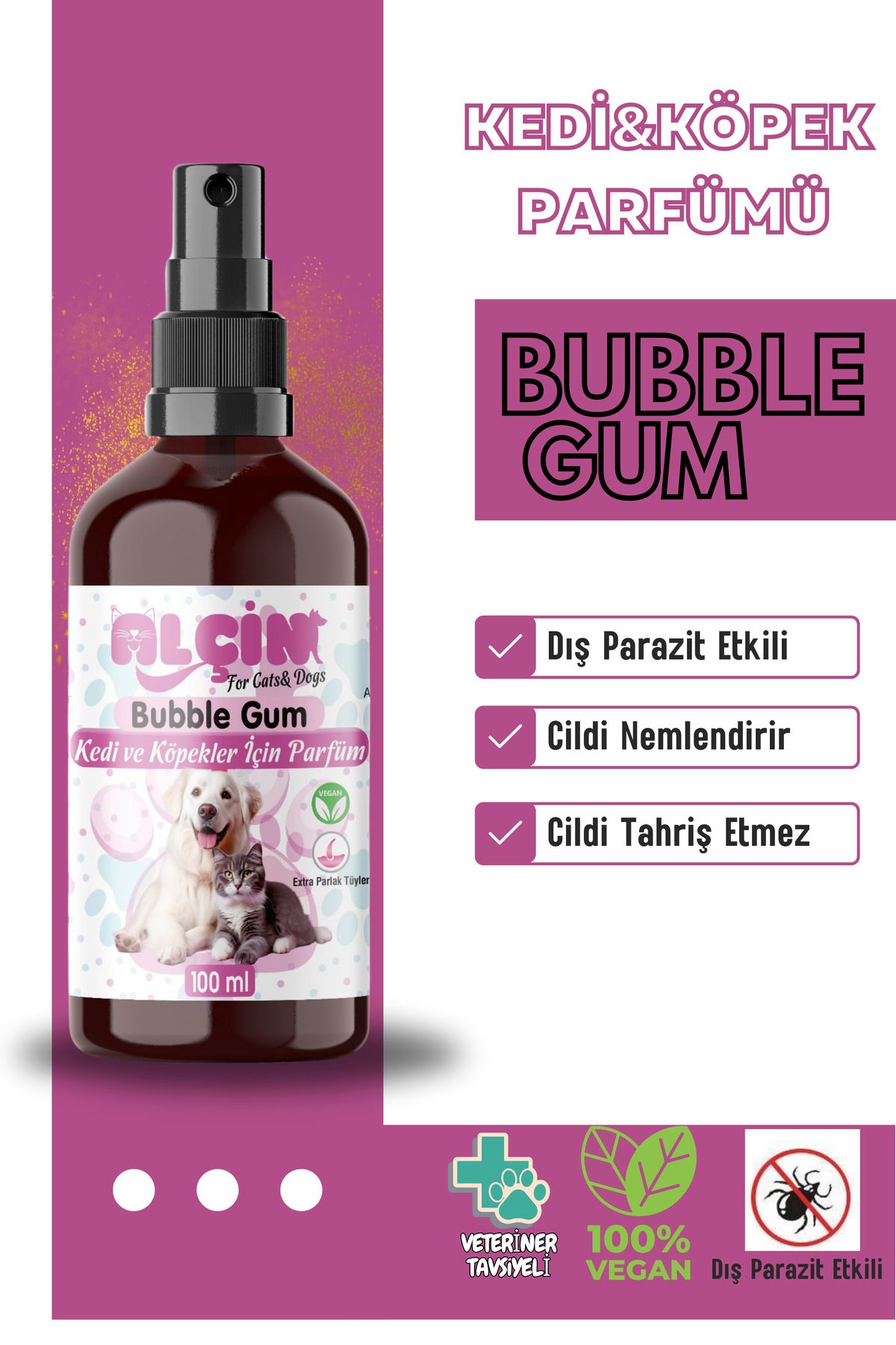 ALÇİN Kedi Ve Köpek Parfümü Parazit Karşıtı Içerikli Bubble Gum Kokulu 100 ml Cam Şişe