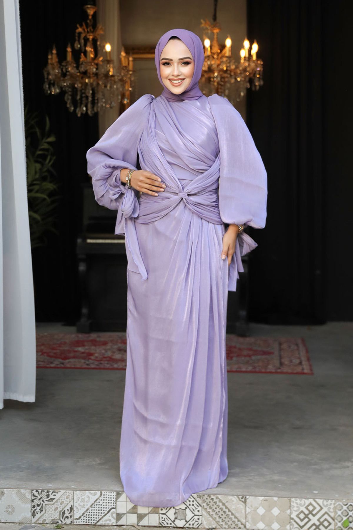 Neva Style-Lilac Drape Hijab Evening Dress - 47261Lila 2