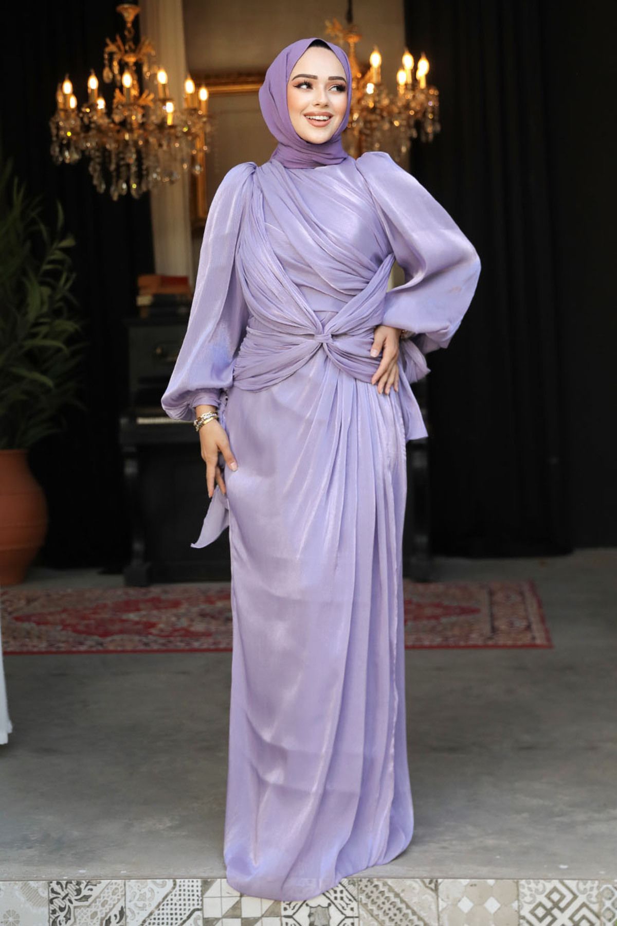 Neva Style-Lilac Drape Hijab Evening Dress - 47261Lila 1