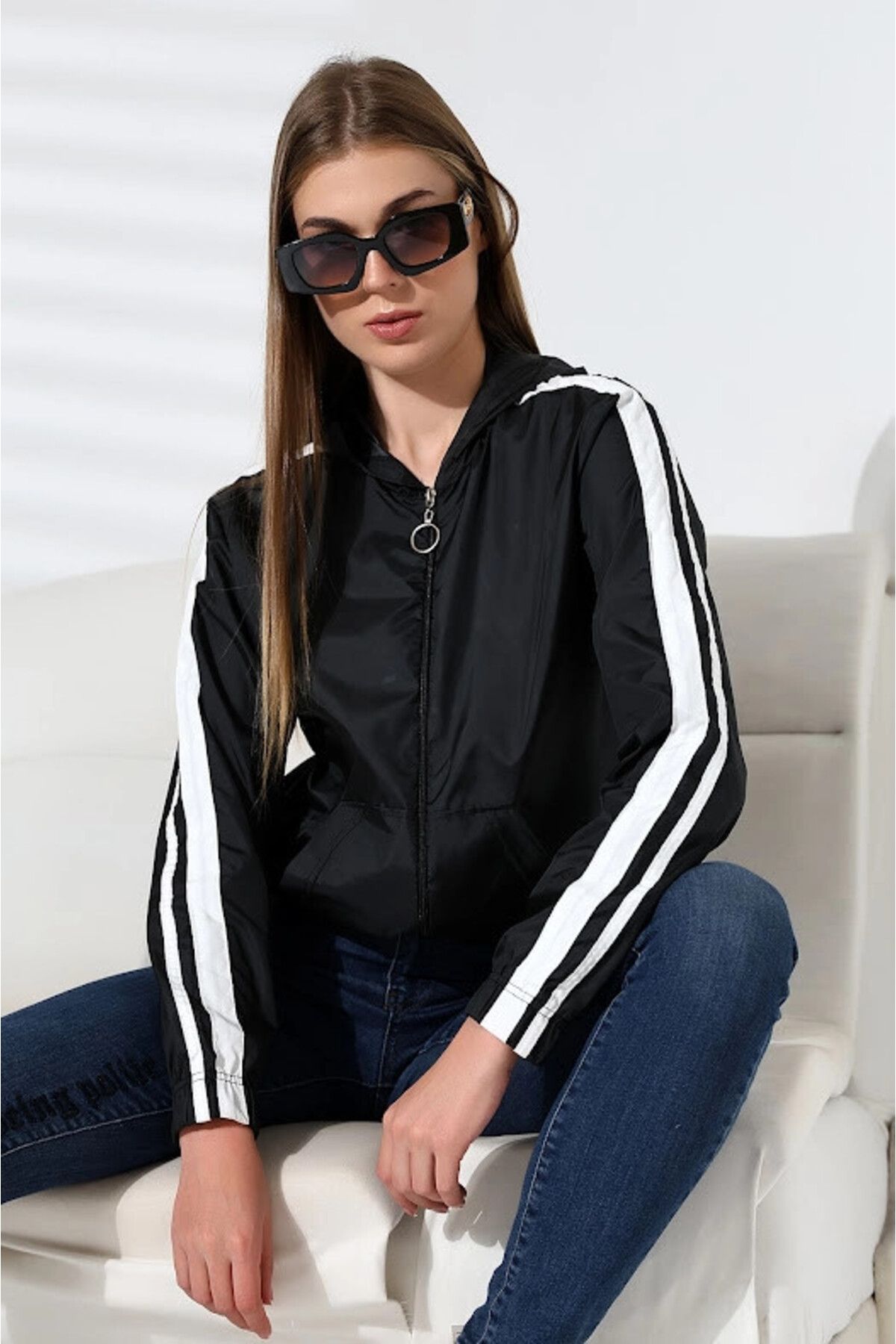 hazelin-Black and White Hooded Coat - Stripe, Pocket and Zipper Hzl24W-Dsb12401 1