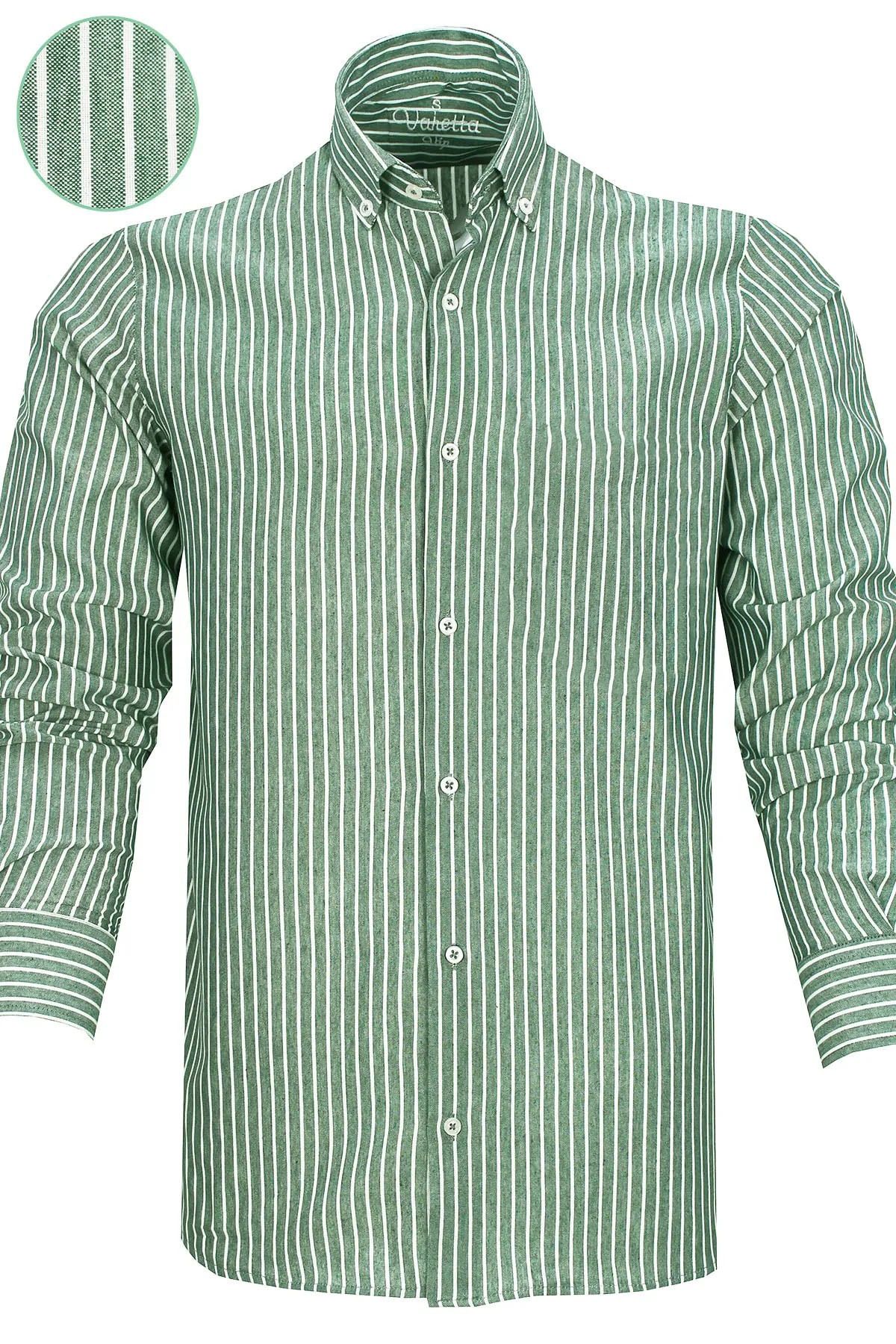 Varetta-Men's Green Striped Collar Buttoned Long Sleeve Wide Cut Shirt 1