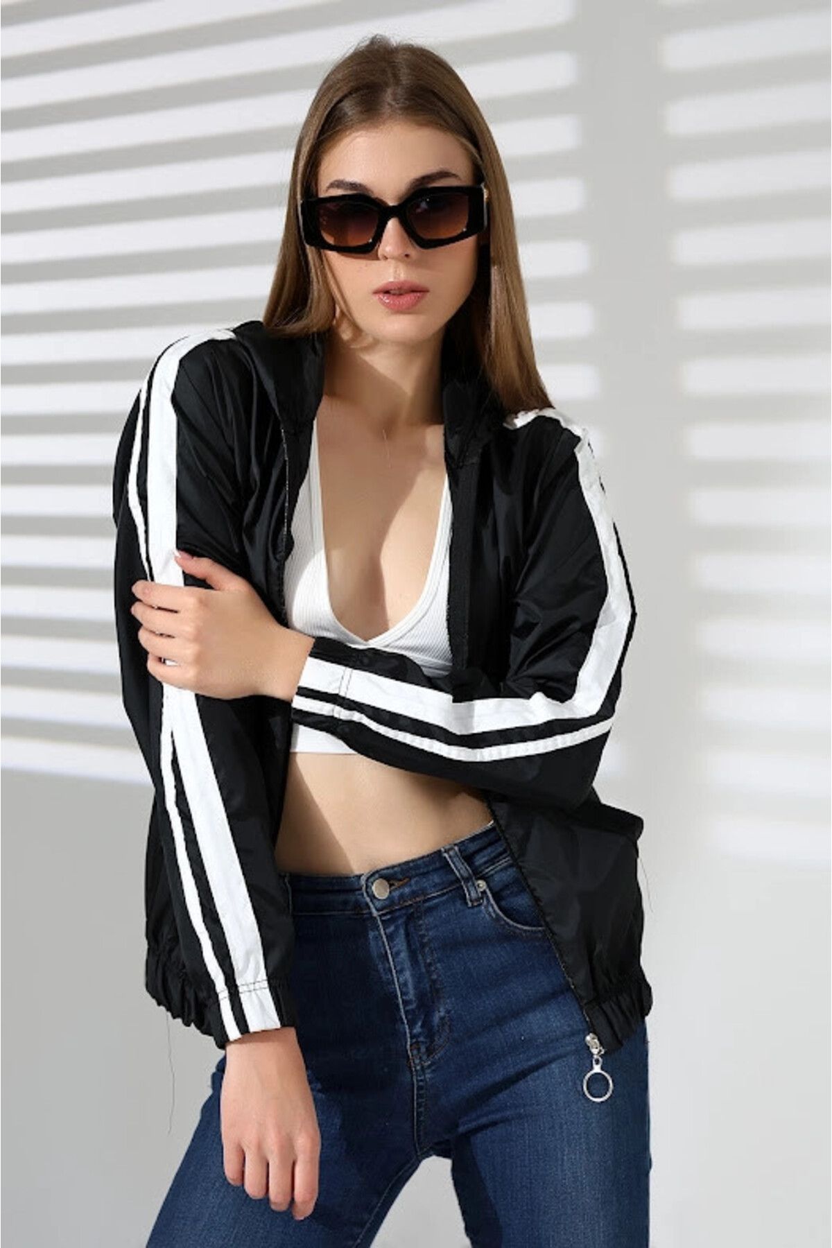 hazelin-Black and White Hooded Coat - Stripe, Pocket and Zipper Hzl24W-Dsb12401 5