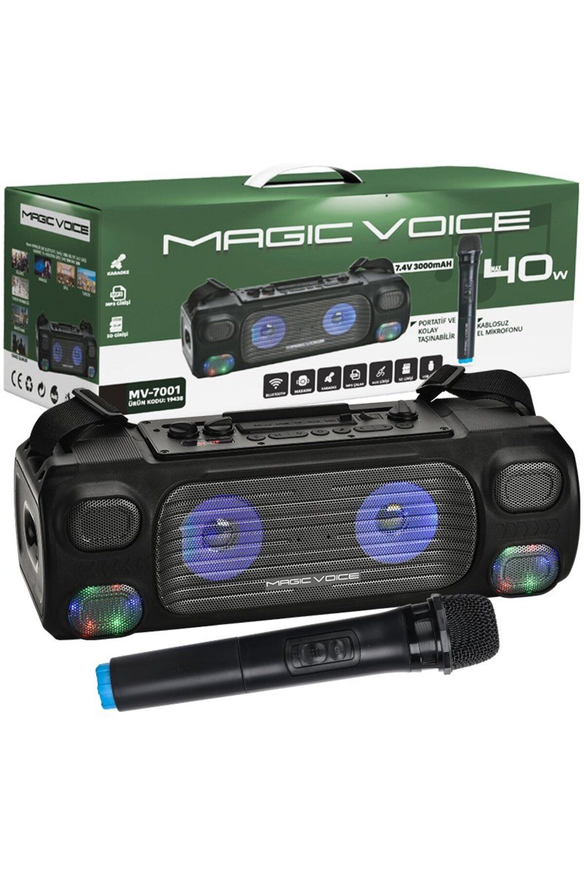 Lunaross MAGICVOICE MV-7001 VHF EL MİK USB/SD/BT/UK 40 WATT IŞIKLI TAŞINABİLİR ŞARJLI  SEYYAR ANFİ (